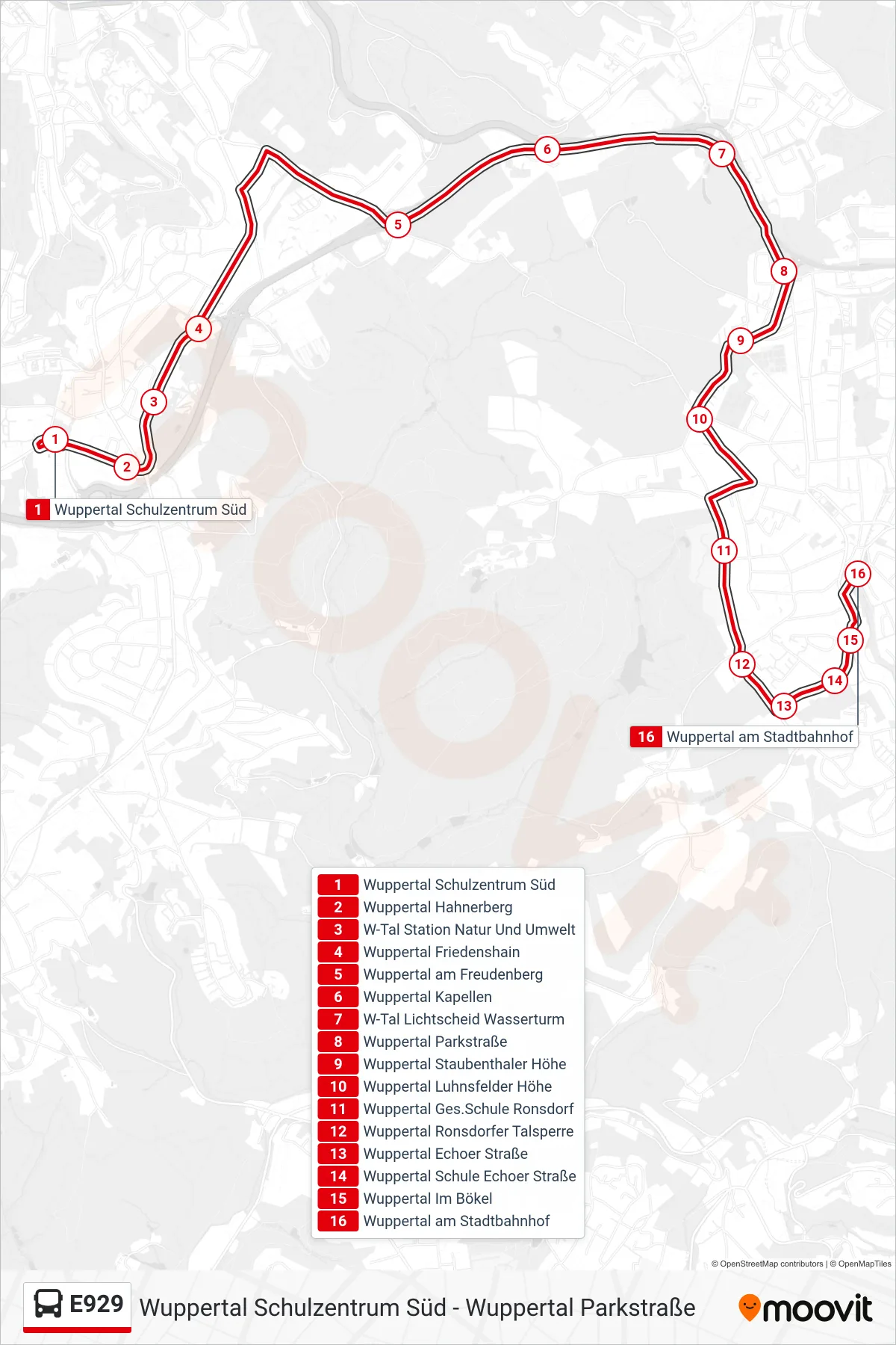 Linie E929 (Bus) Richtung Wuppertal am Stadtbahnhof: Route und Haltestellen auf der Karte