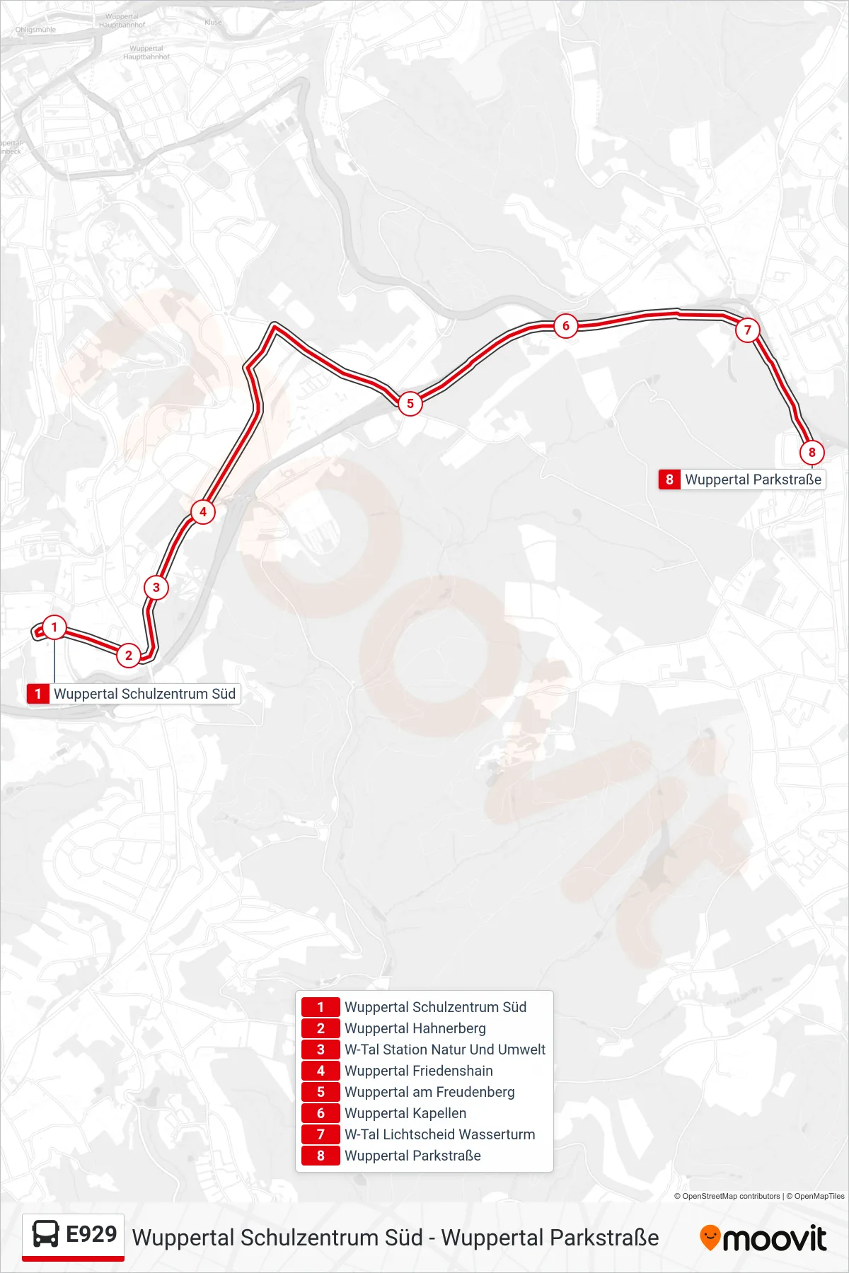 Linie E929 (Bus) Richtung Wuppertal Parkstraße: Route und Haltestellen auf der Karte
