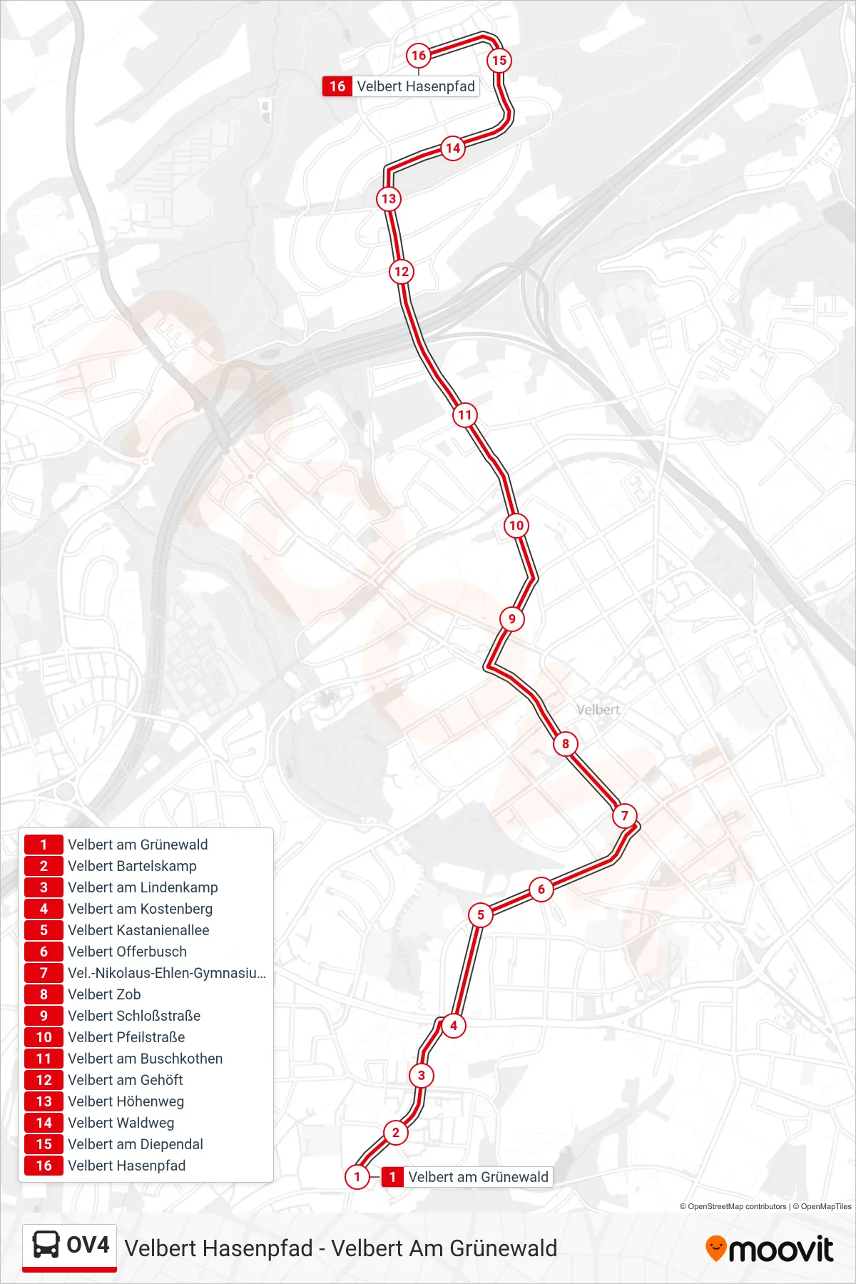 Linie OV4 (Bus) Richtung Velbert Hasenpfad: Route und Haltestellen auf der Karte