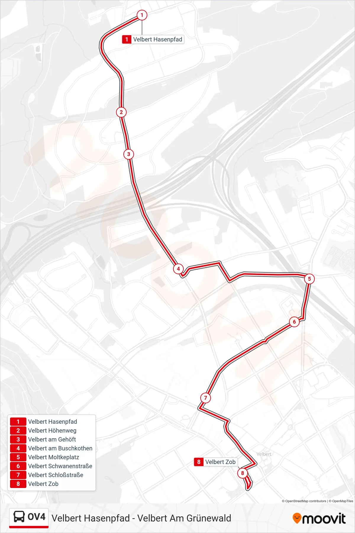 OV4 bus Line (Velbert Zob) route and stops on a map