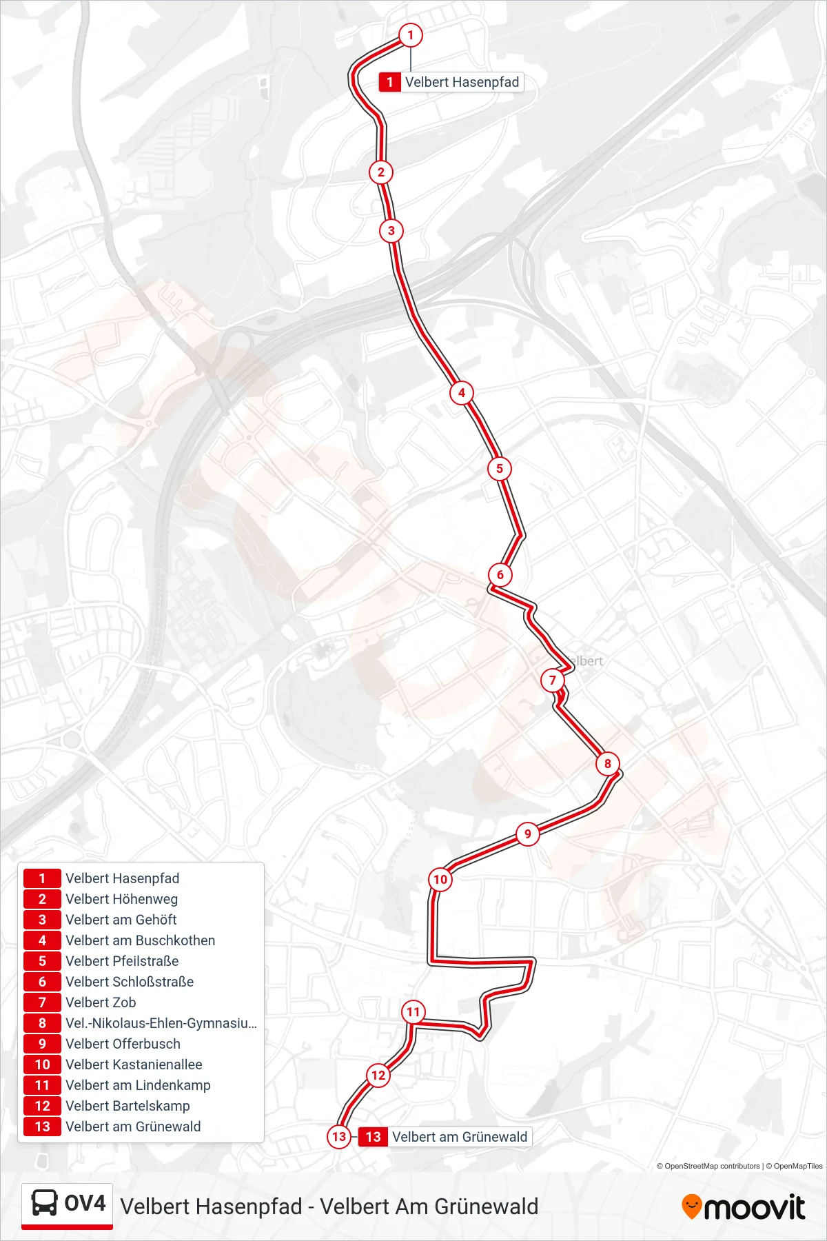 Linie OV4 (Bus) Richtung Velbert am Grünewald: Route und Haltestellen auf der Karte