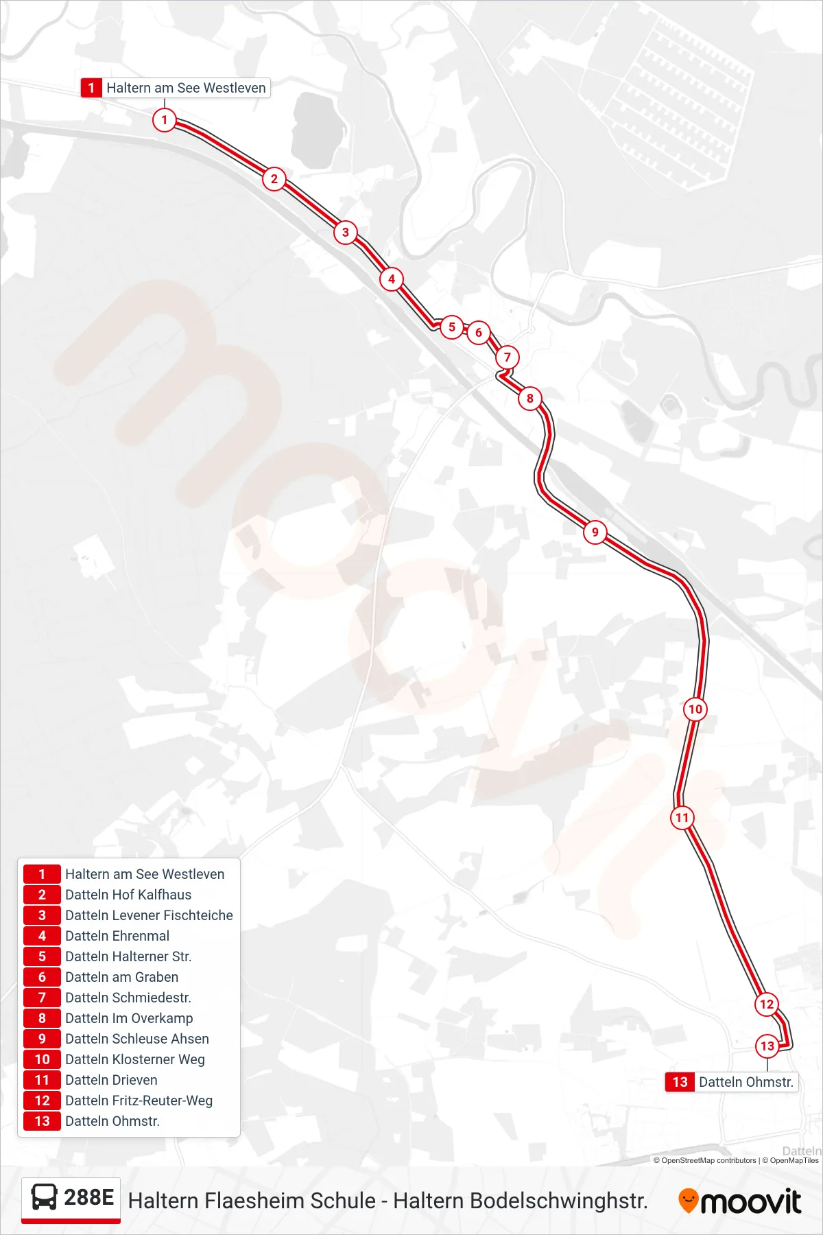 Linie 288E (Bus) Richtung Datteln Ohmstr.: Route und Haltestellen auf der Karte