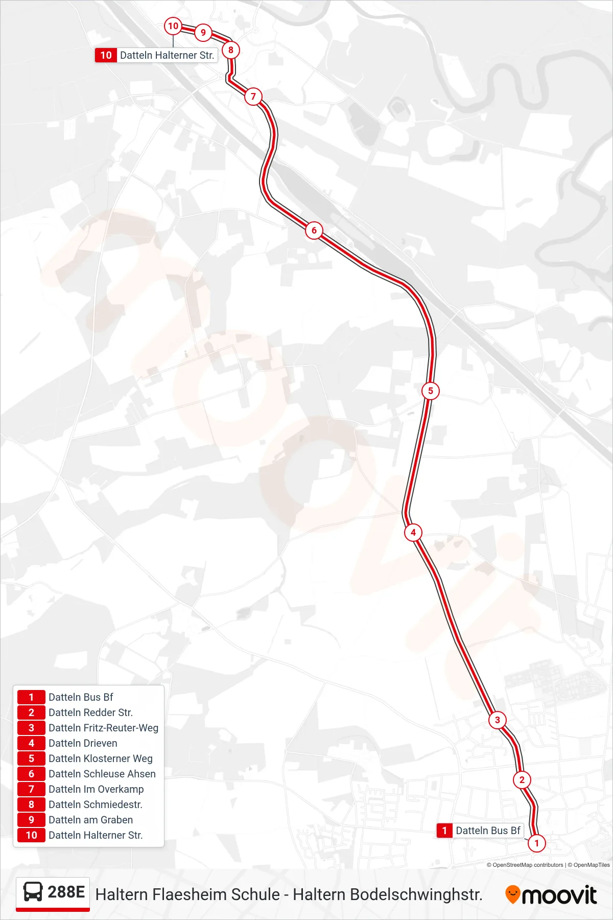 Linie 288E (Bus) Richtung Datteln Halterner Str.: Route und Haltestellen auf der Karte