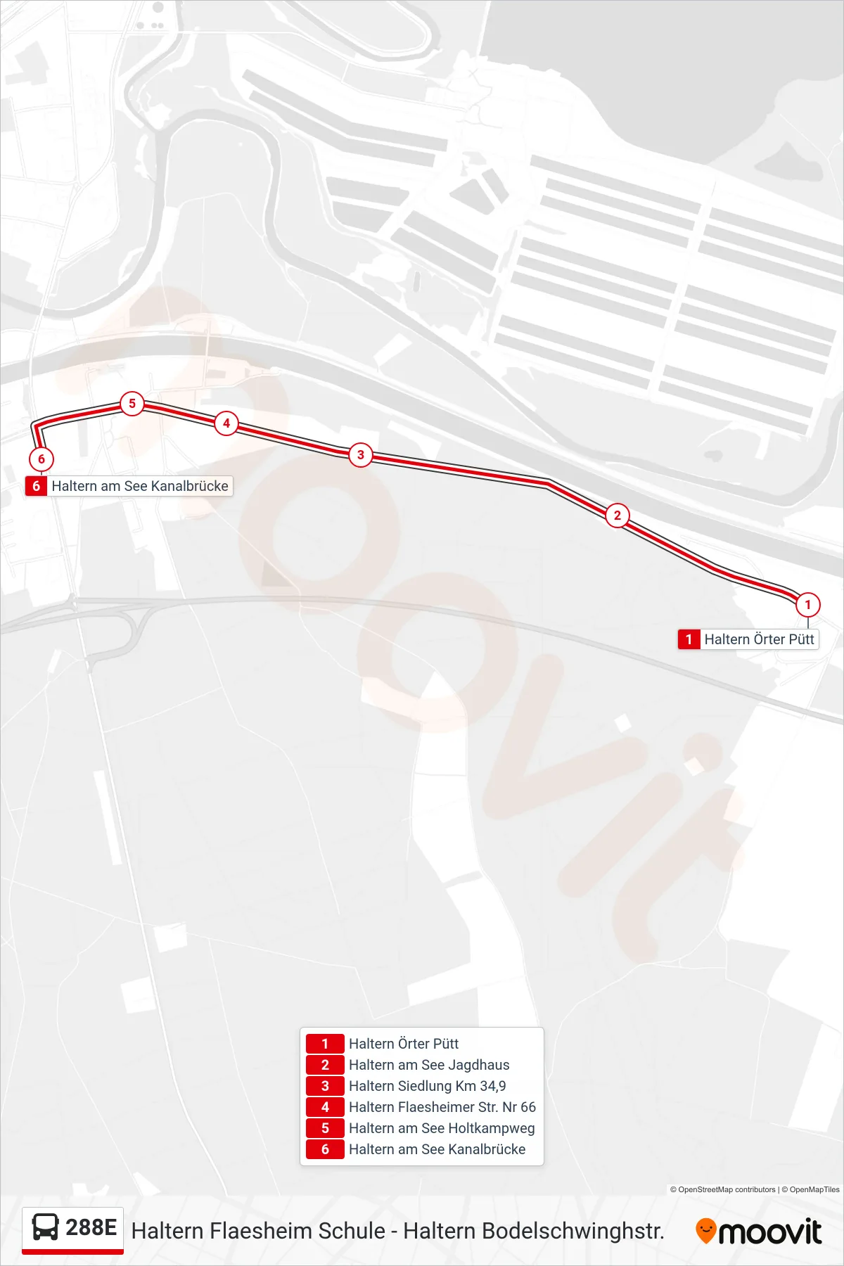 Linie 288E (Bus) Richtung Haltern am See Kanalbrücke: Route und Haltestellen auf der Karte