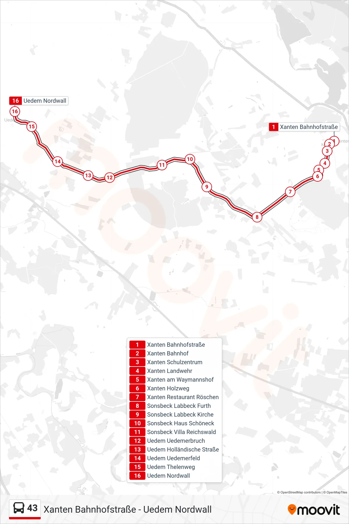 Linie 43 (Bus) Richtung Uedem Nordwall: Route und Haltestellen auf der Karte