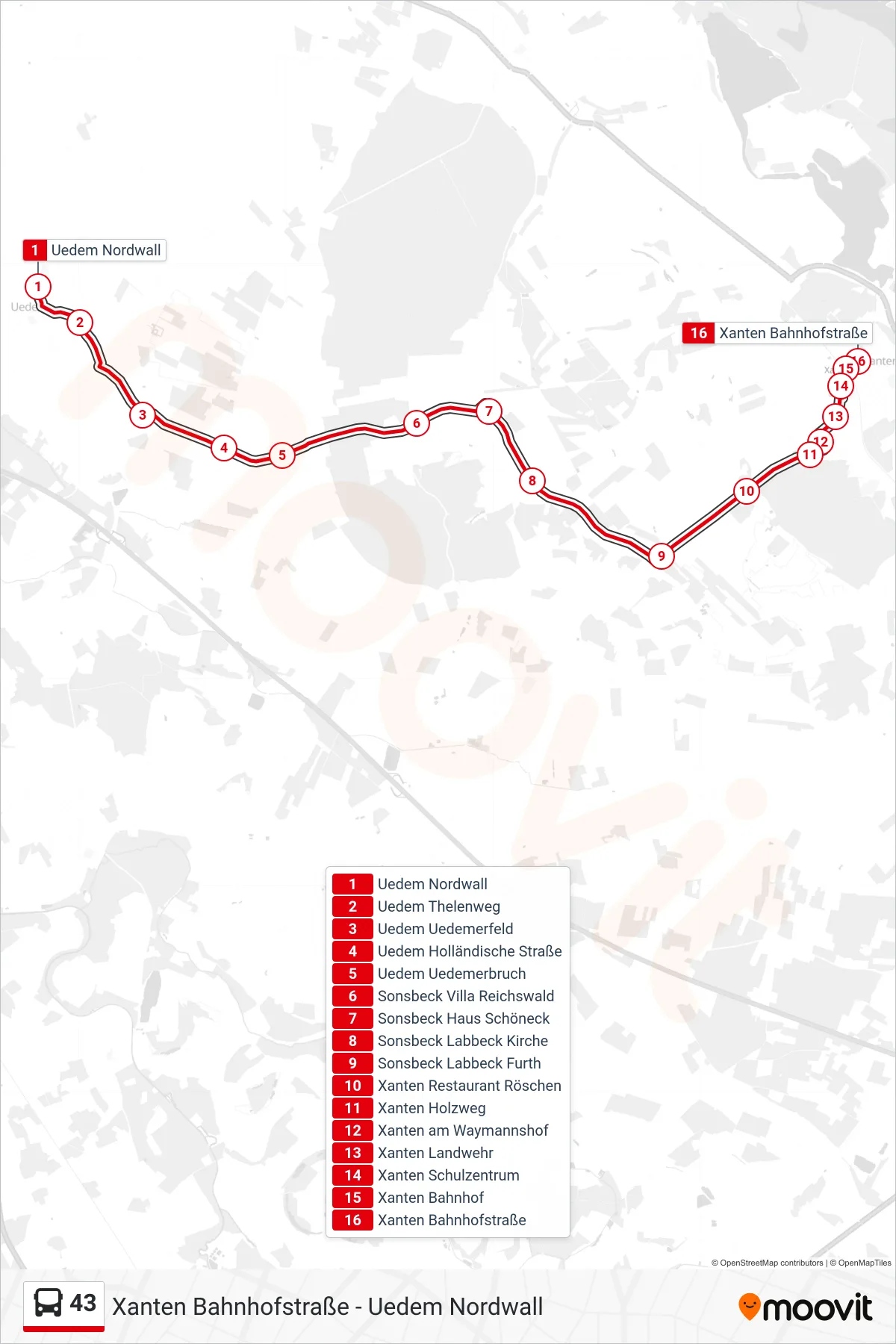 43 bus Line (Xanten Bahnhofstraße) route and stops on a map