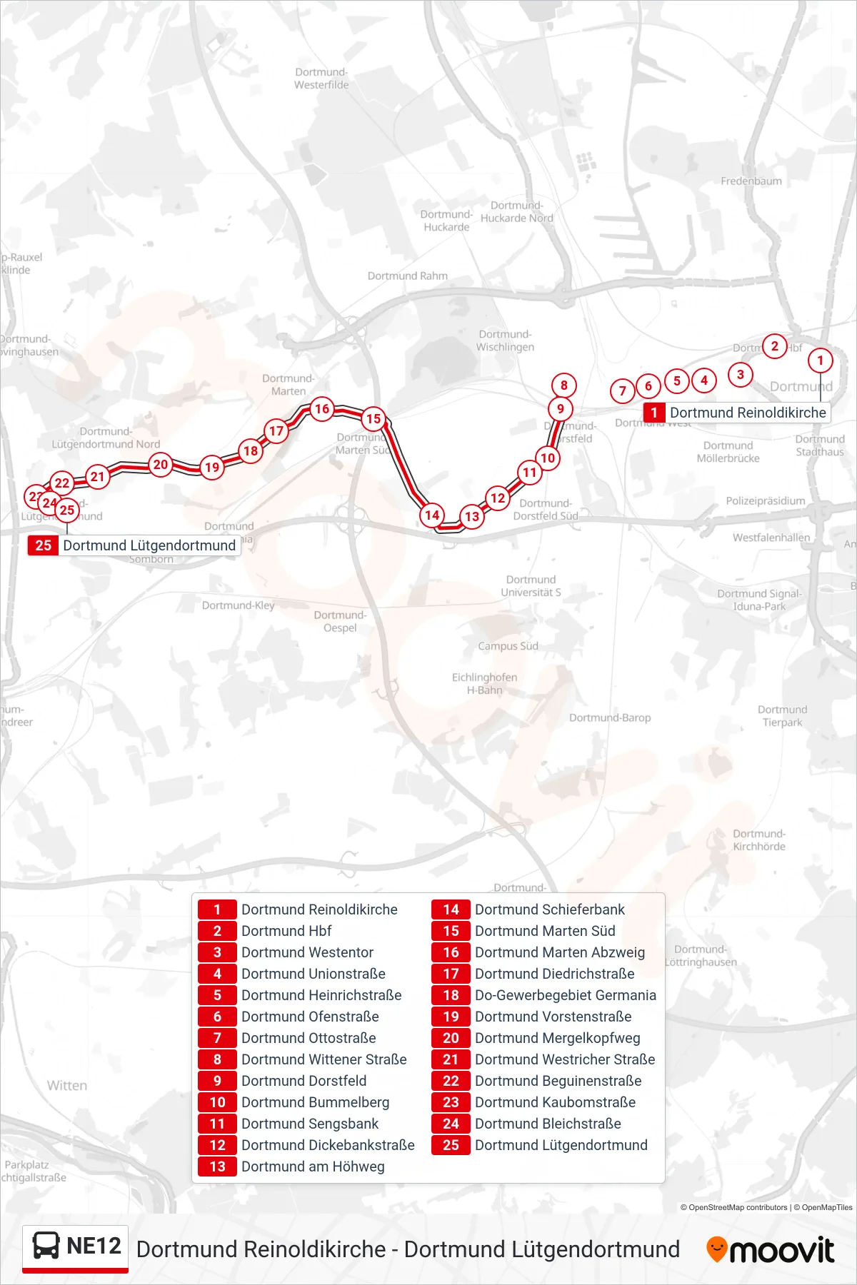 Linie NE12 (Bus) Richtung Dortmund Lütgendortmund: Route und Haltestellen auf der Karte