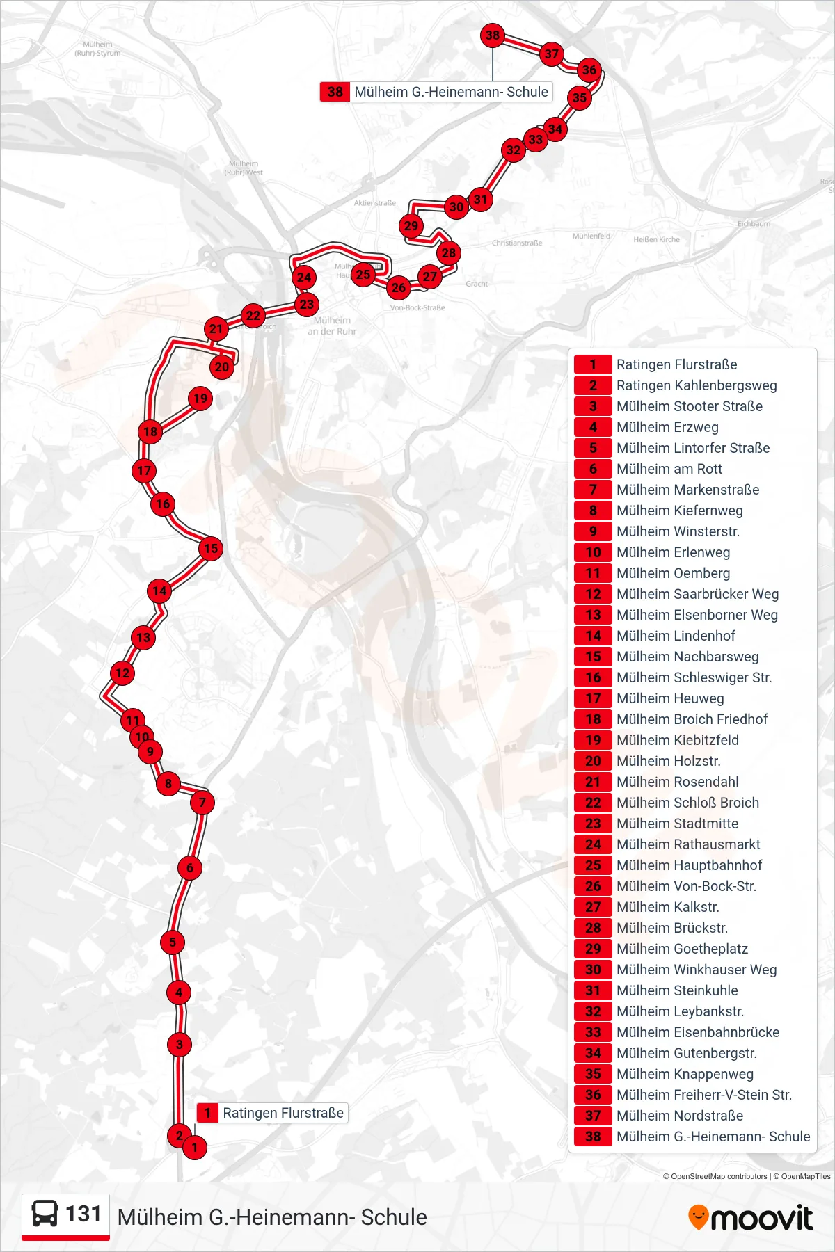 131 bus Line (Mülheim G.-Heinemann- Schule) route and stops on a map