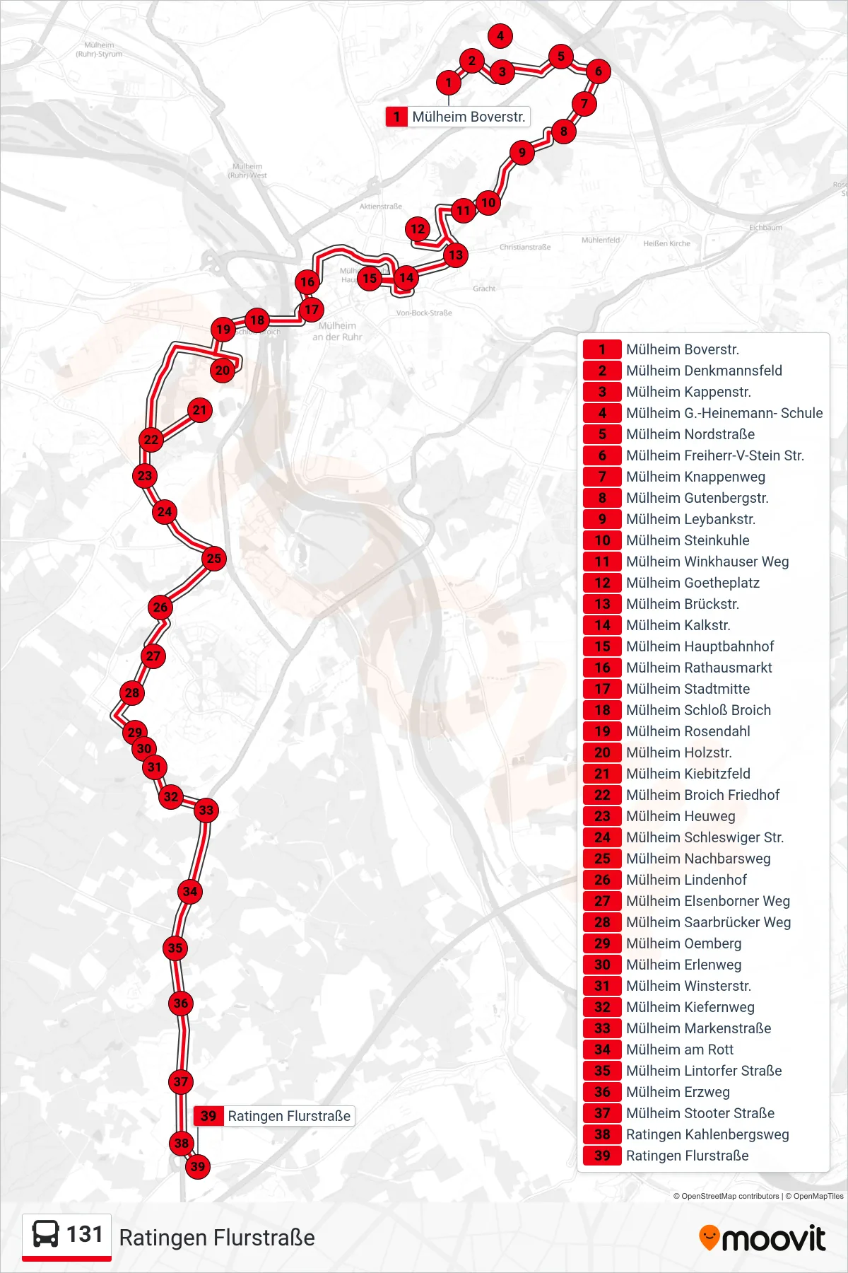131 bus Line (Ratingen Flurstraße) route and stops on a map