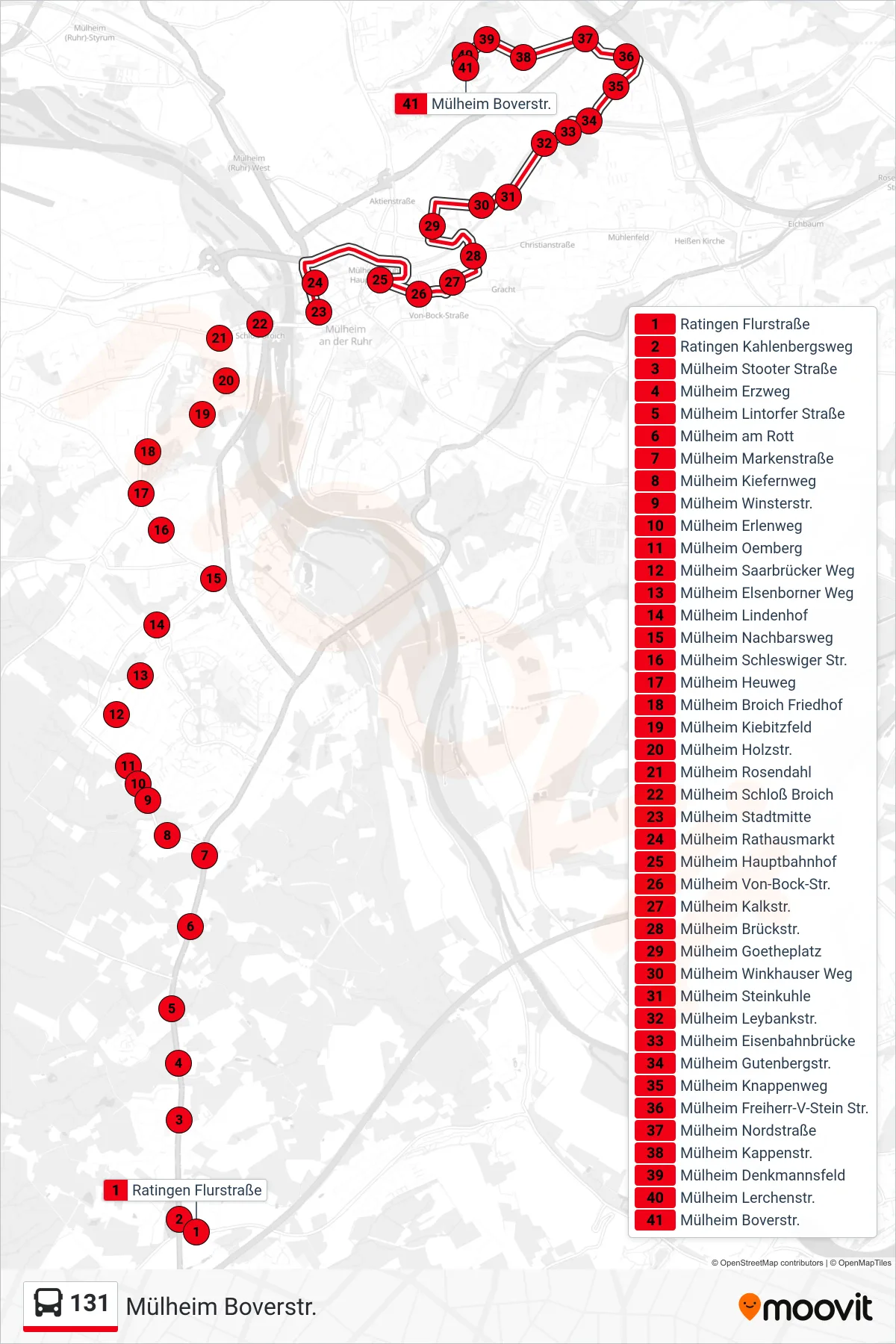131 bus Line (Mülheim Boverstr.) route and stops on a map
