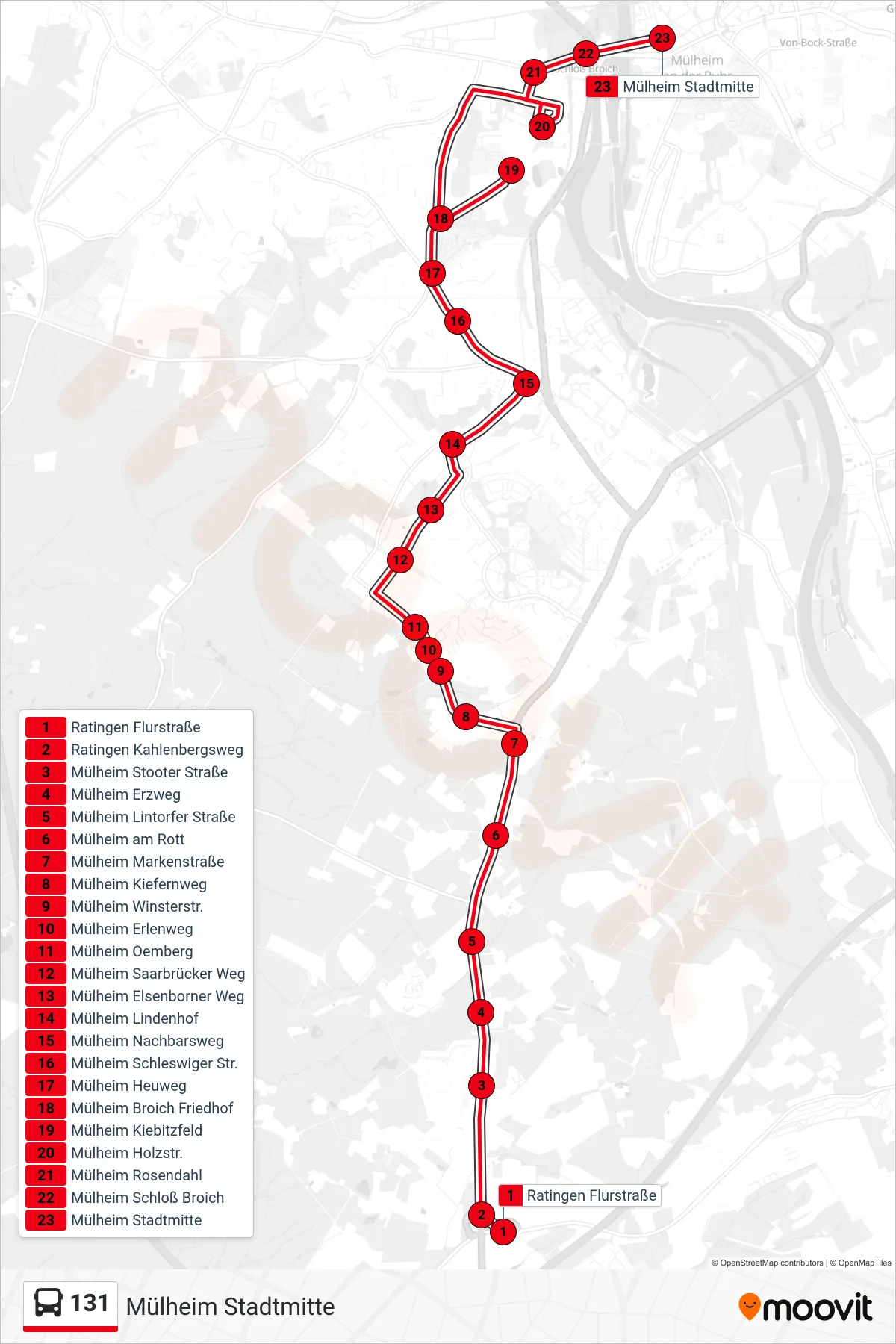 Linie 131 (Bus) Richtung Mülheim Stadtmitte: Route und Haltestellen auf der Karte