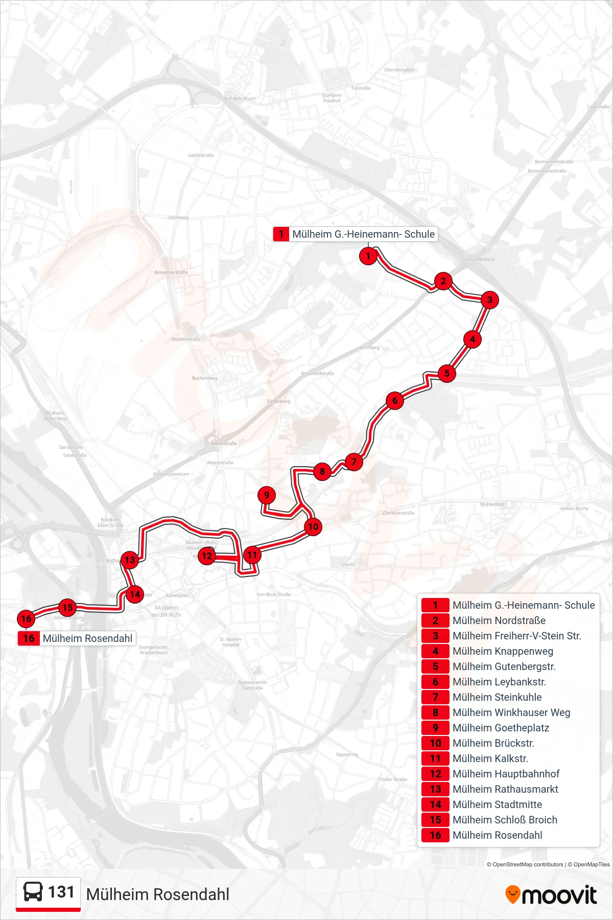 Linie 131 (Bus) Richtung Mülheim Rosendahl: Route und Haltestellen auf der Karte