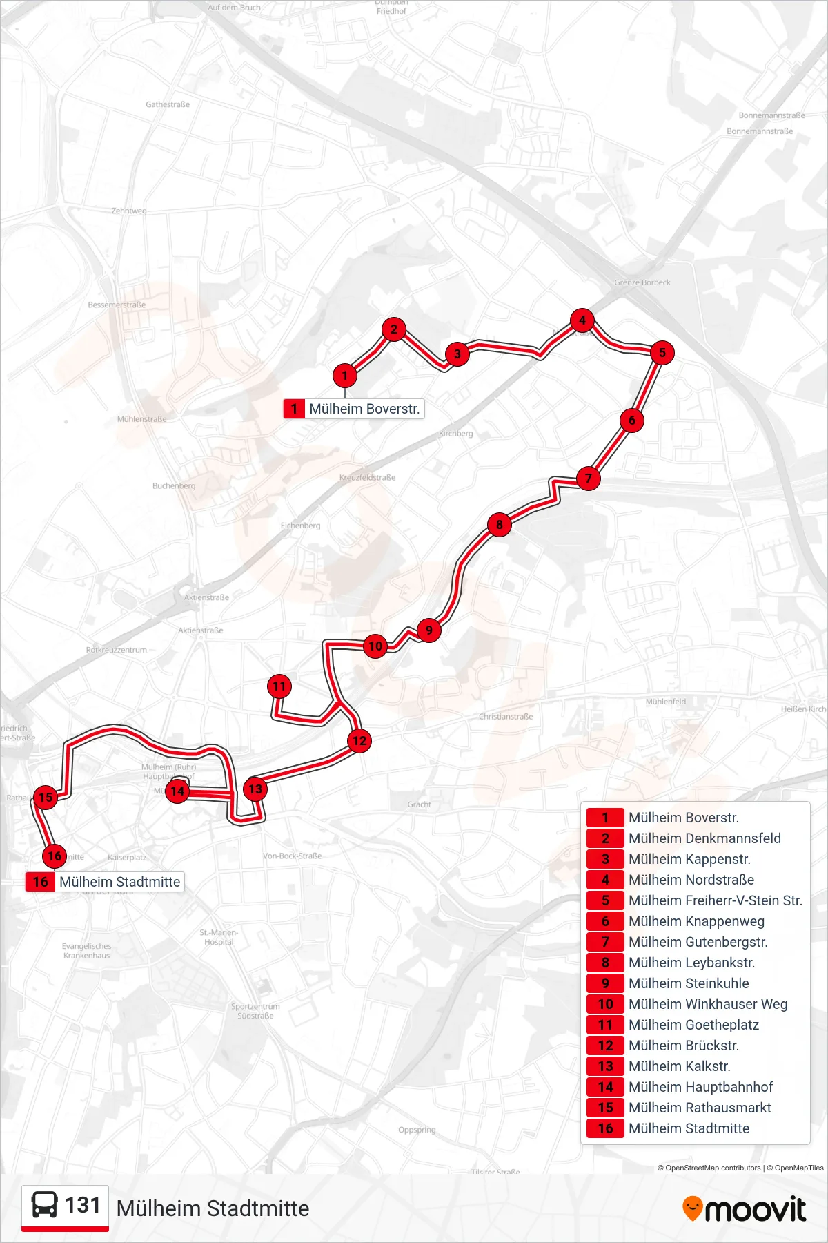 Linie 131 (Bus) Richtung Mülheim Stadtmitte: Route und Haltestellen auf der Karte