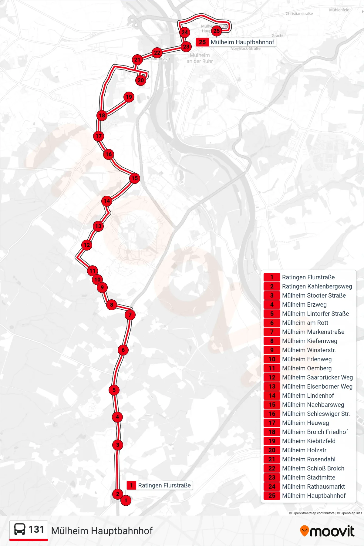 Linie 131 (Bus) Richtung Mülheim Hauptbahnhof: Route und Haltestellen auf der Karte