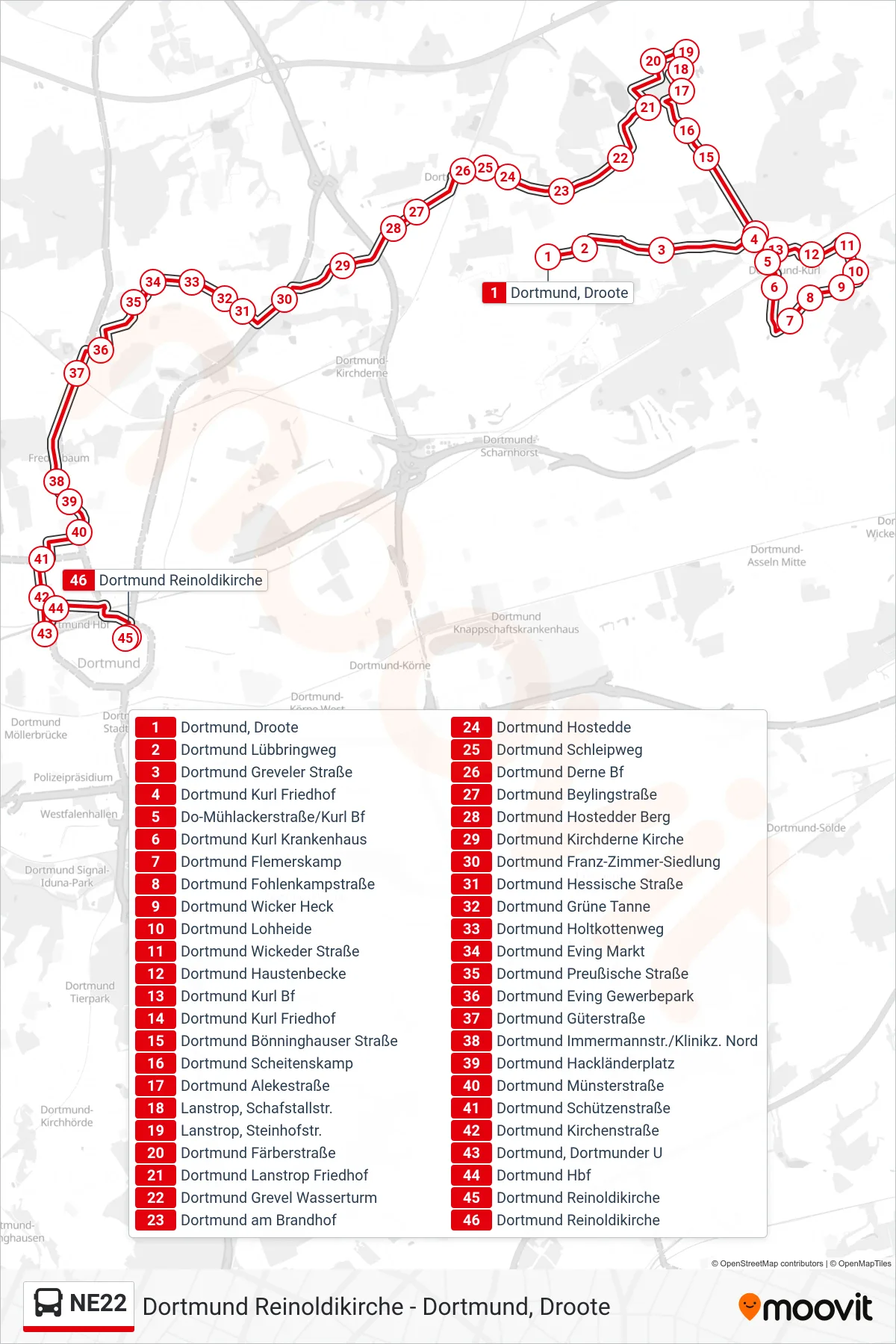 NE22 bus Line (Dortmund Reinoldikirche) route and stops on a map