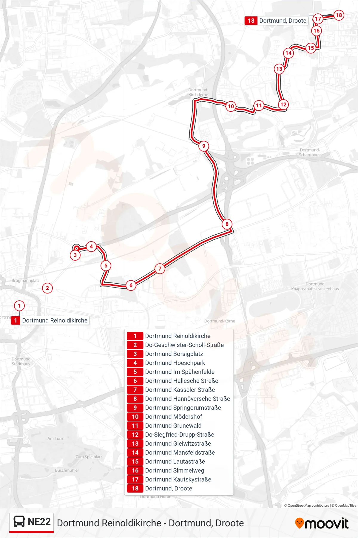 Linie NE22 (Bus) Richtung Dortmund, Droote: Route und Haltestellen auf der Karte