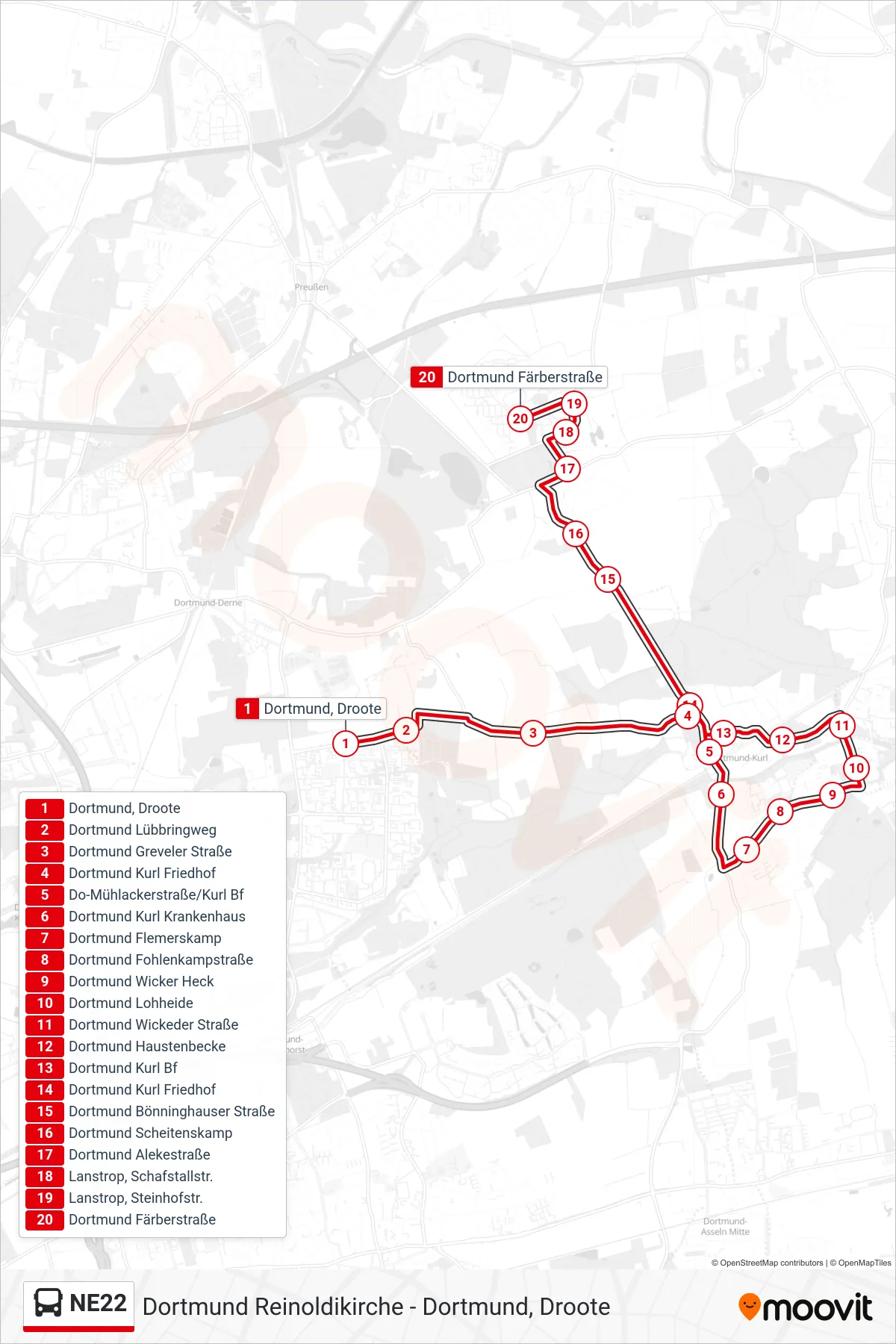 Linie NE22 (Bus) Richtung Dortmund Färberstraße: Route und Haltestellen auf der Karte