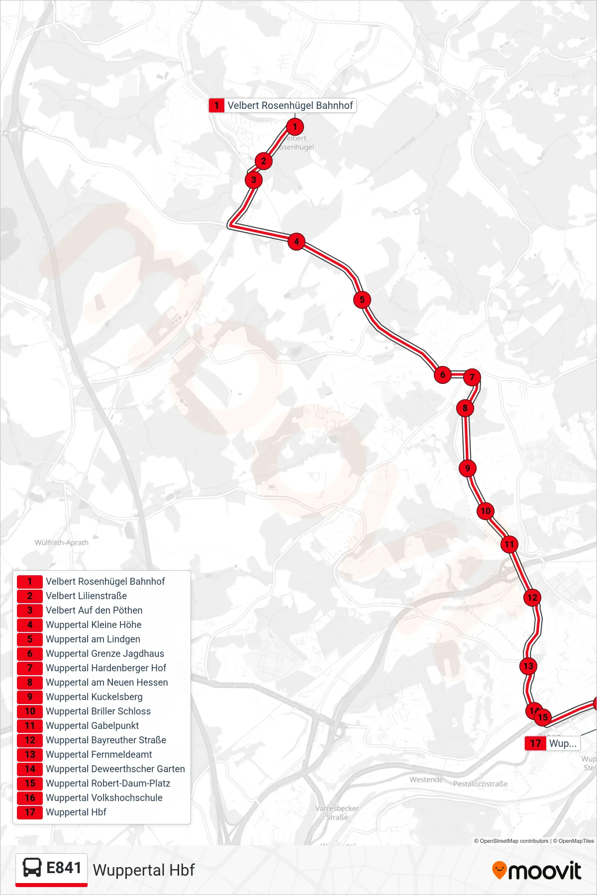 Linie E841 (Bus) Richtung Wuppertal Hbf: Route und Haltestellen auf der Karte