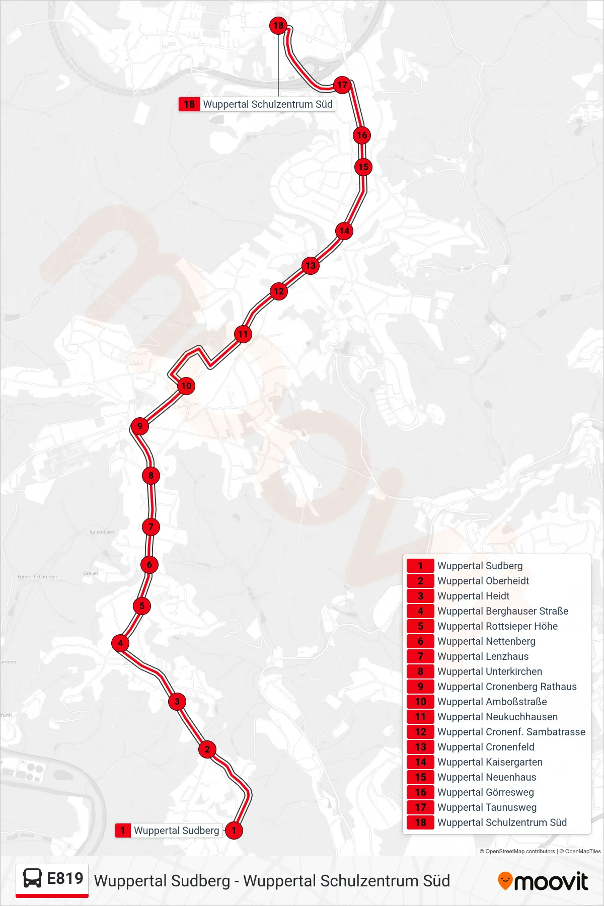 Linie E819 (Bus) Richtung Wuppertal Schulzentrum Süd: Route und Haltestellen auf der Karte