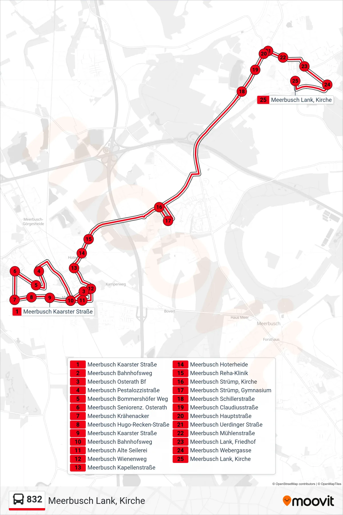 Linie 832 (Bus) Richtung Meerbusch Lank, Kirche: Route und Haltestellen auf der Karte