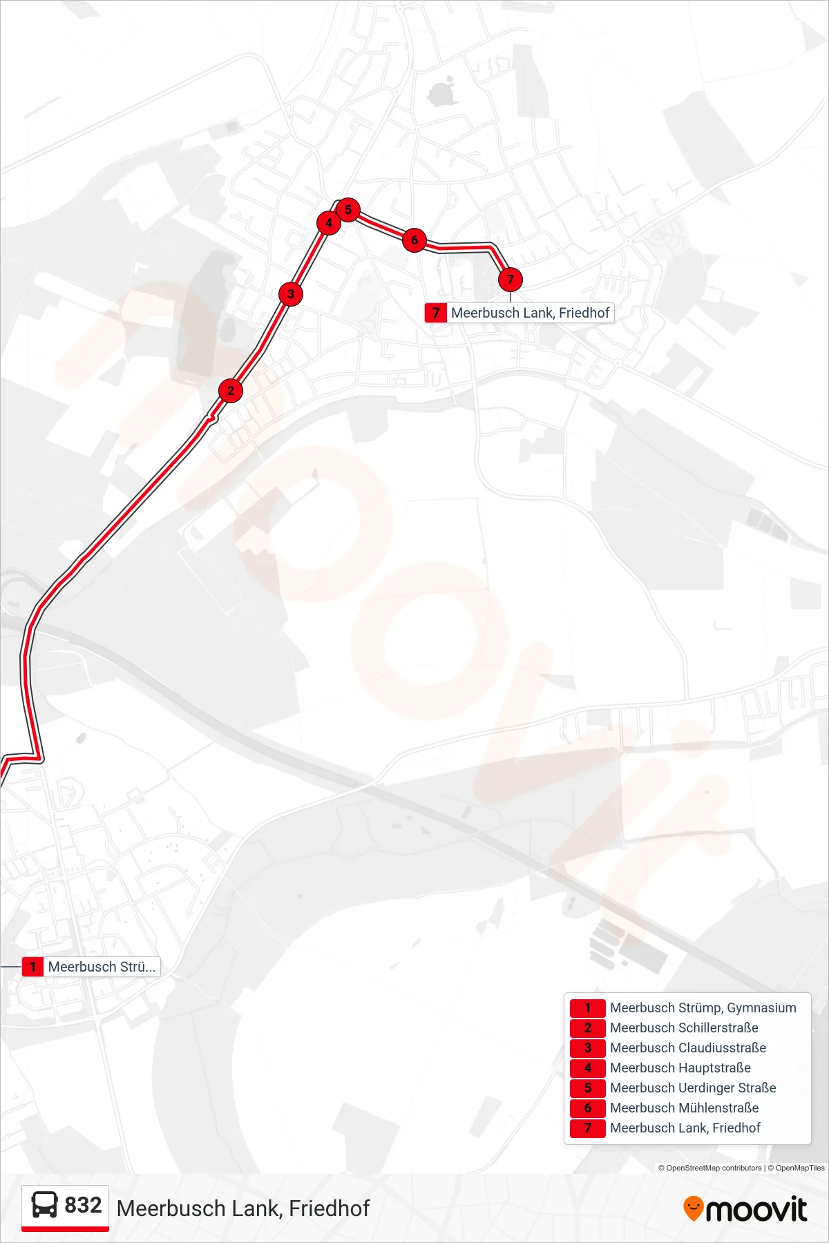 Linie 832 (Bus) Richtung Meerbusch Lank, Friedhof: Route und Haltestellen auf der Karte