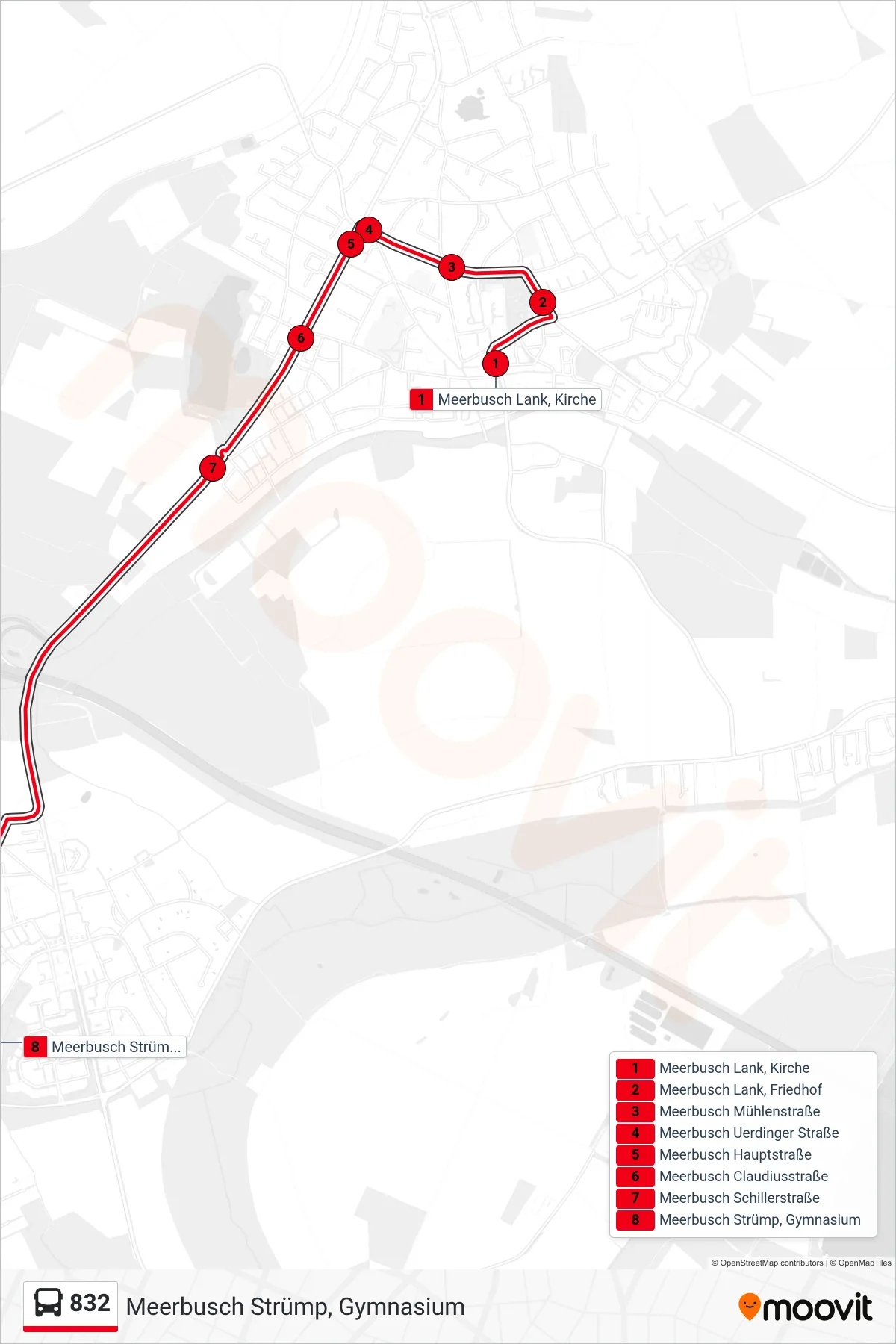Linie 832 (Bus) Richtung Meerbusch Strümp, Gymnasium: Route und Haltestellen auf der Karte
