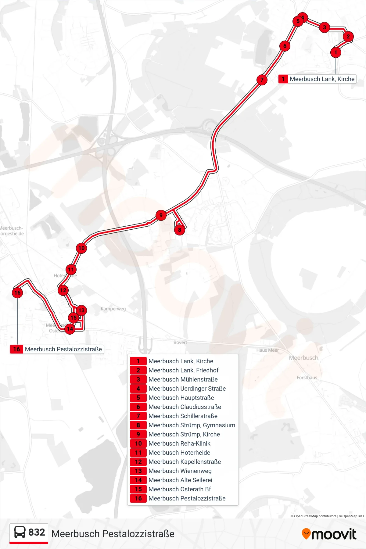 Linie 832 (Bus) Richtung Meerbusch Pestalozzistraße: Route und Haltestellen auf der Karte