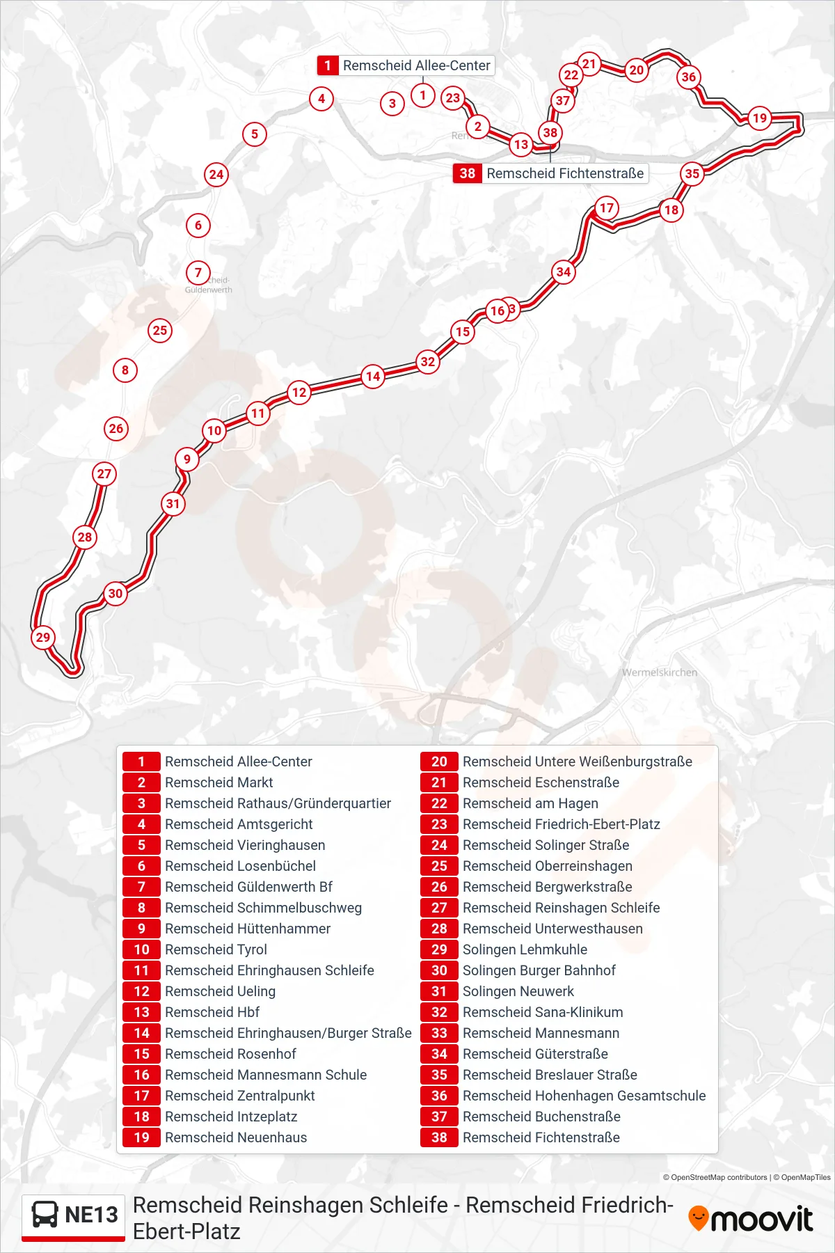 NE13 bus Line (Remscheid Friedrich-Ebert-Platz) route and stops on a map