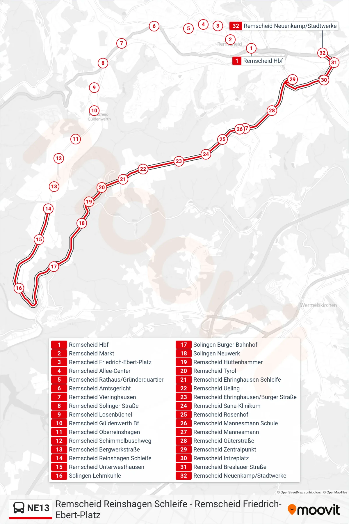 NE13 bus Line (Remscheid Neuenkamp/Stadtwerke) route and stops on a map