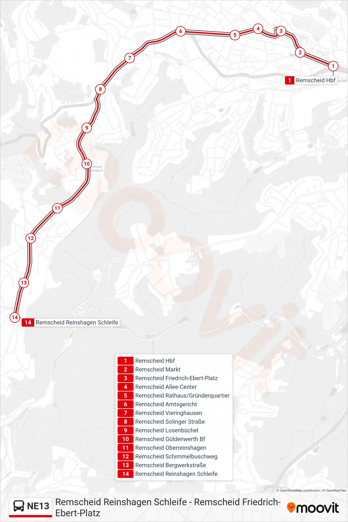 Linie NE13 (Bus) Richtung Remscheid Reinshagen Schleife: Route und Haltestellen auf der Karte