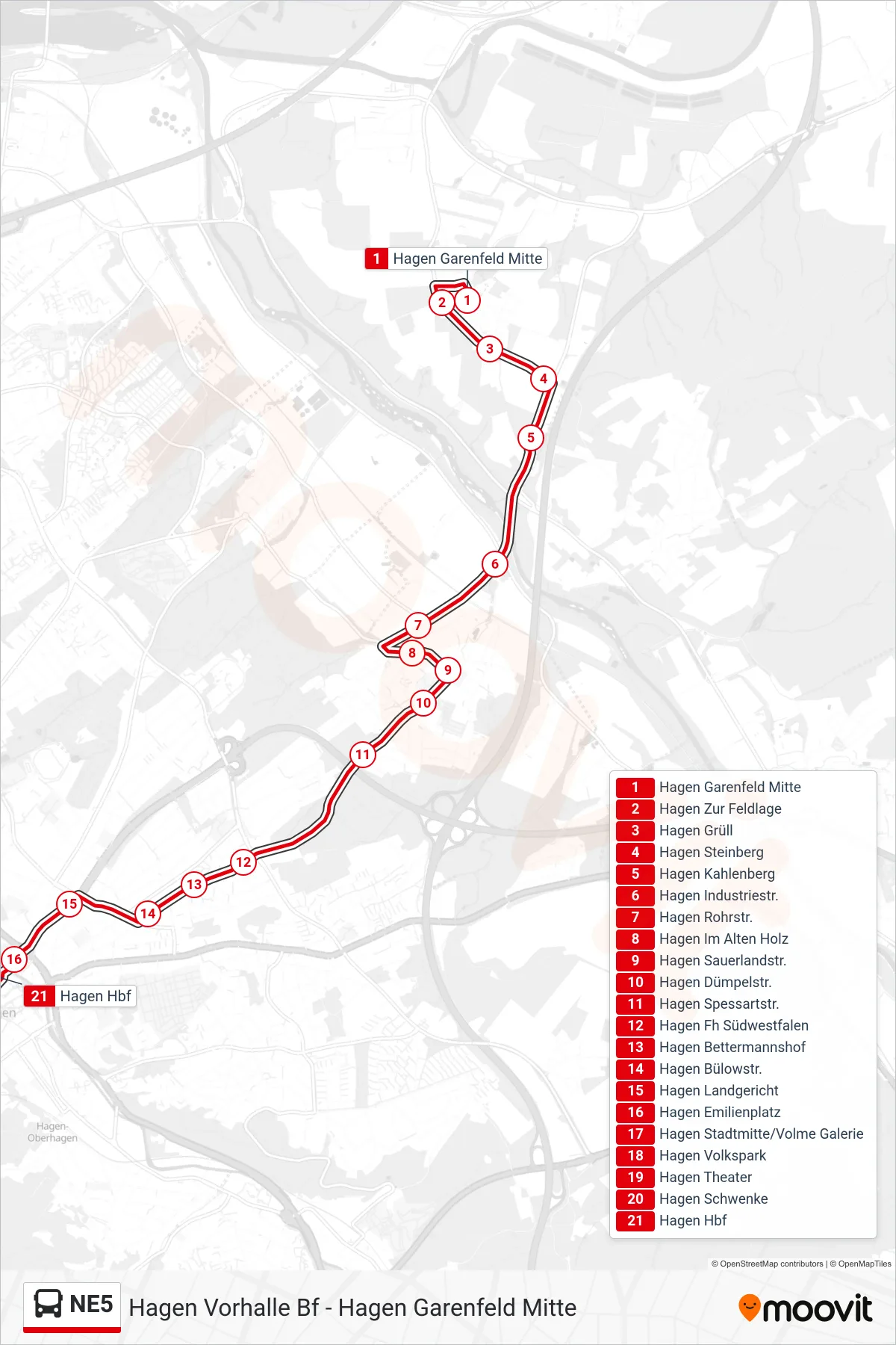 NE5 bus Line (Hagen Hbf) route and stops on a map