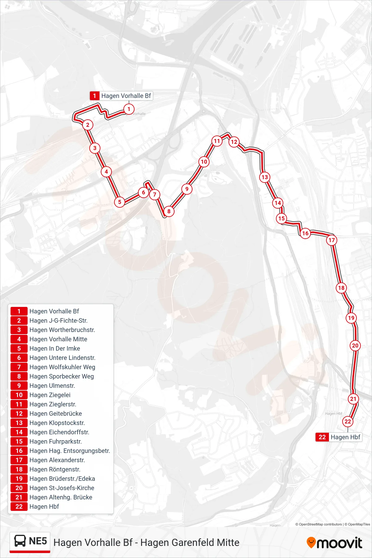 Linie NE5 (Bus) Richtung Hagen Hbf: Route und Haltestellen auf der Karte