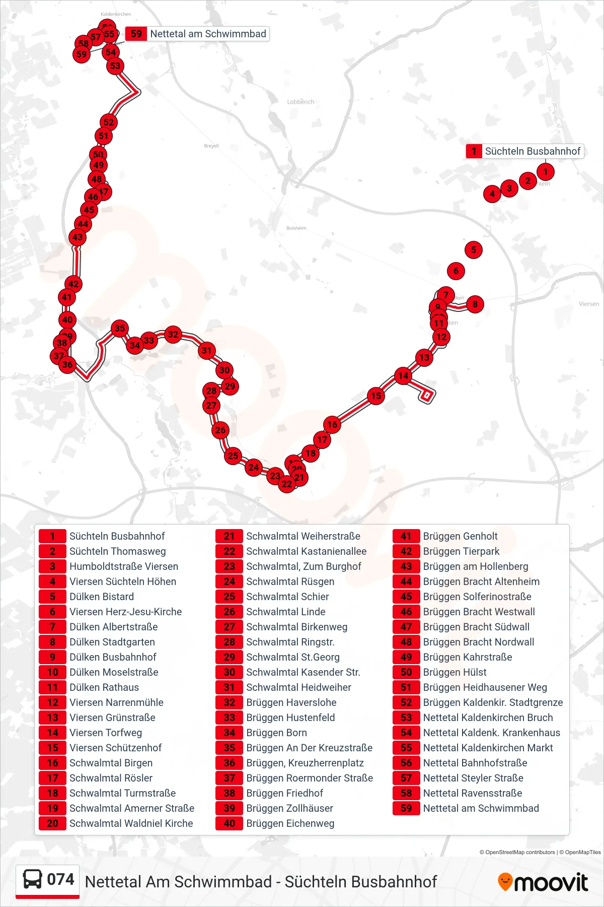 074 bus Line (Nettetal am Schwimmbad) route and stops on a map