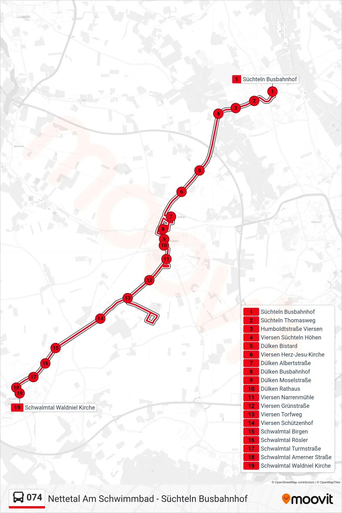 074 bus Line (Schwalmtal Waldniel Kirche) route and stops on a map