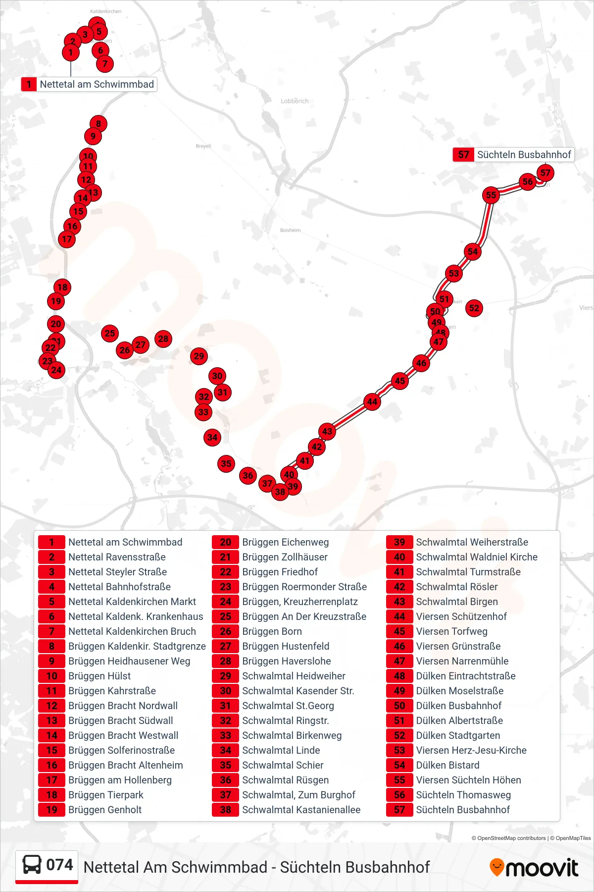 074 bus Line (Süchteln Busbahnhof) route and stops on a map