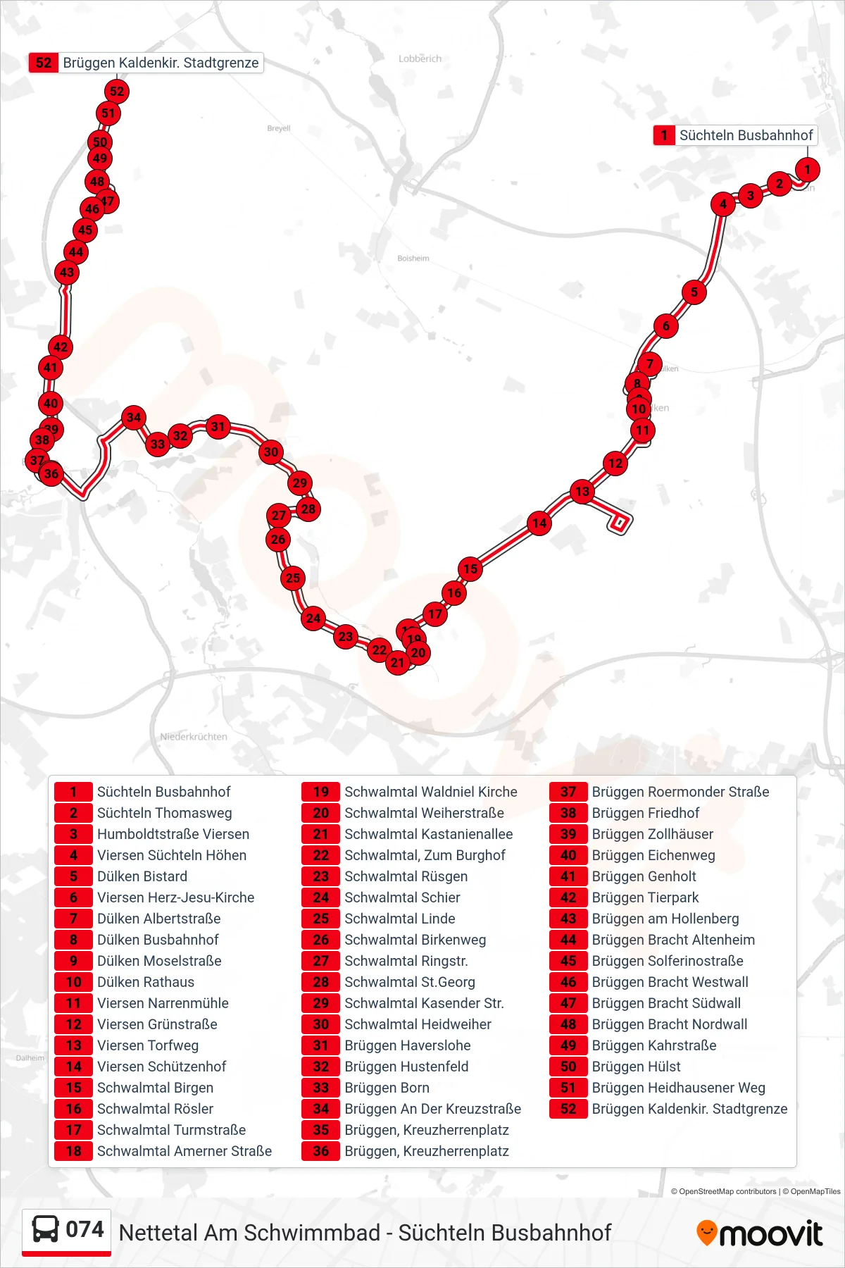 Linie 074 (Bus) Richtung Brüggen Kaldenkir. Stadtgrenze: Route und Haltestellen auf der Karte
