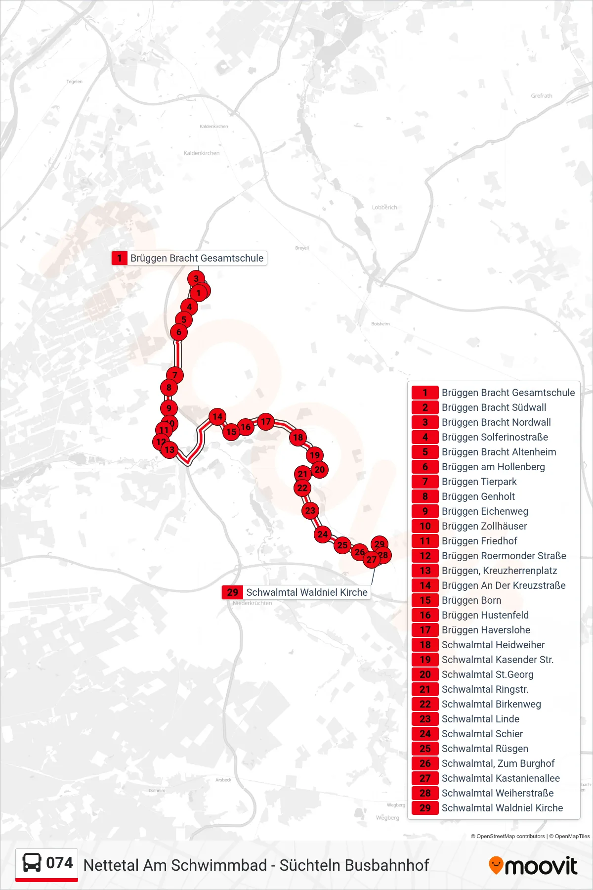 074 bus Line (Schwalmtal Waldniel Kirche) route and stops on a map