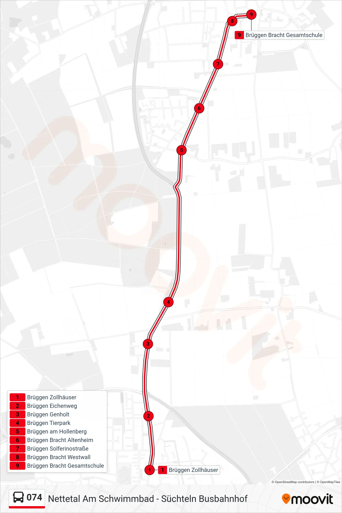 Linie 074 (Bus) Richtung Brüggen Bracht Gesamtschule: Route und Haltestellen auf der Karte