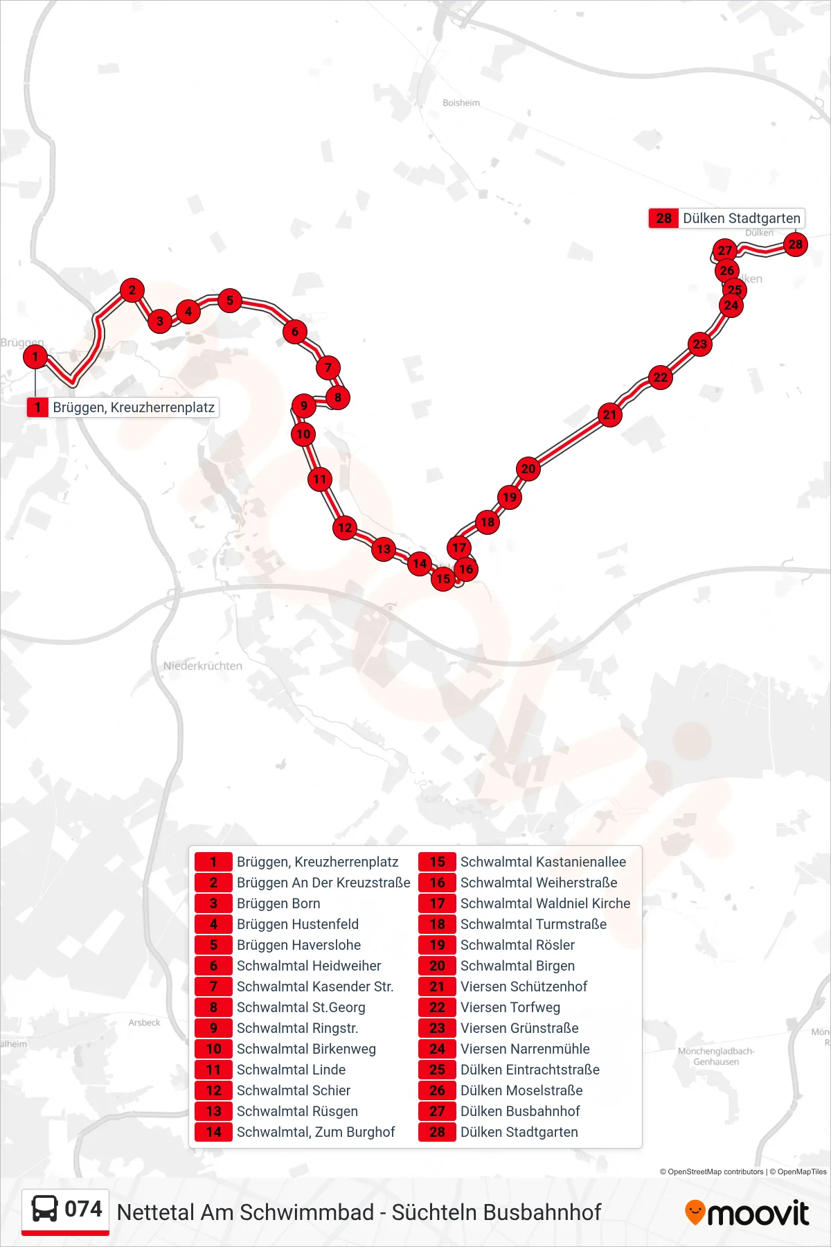 Linie 074 (Bus) Richtung Dülken Stadtgarten: Route und Haltestellen auf der Karte