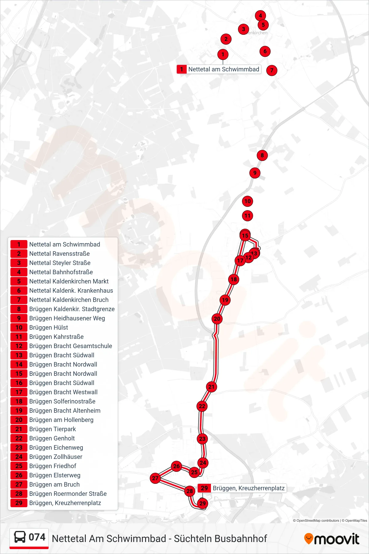 074 bus Line (Brüggen, Kreuzherrenplatz) route and stops on a map