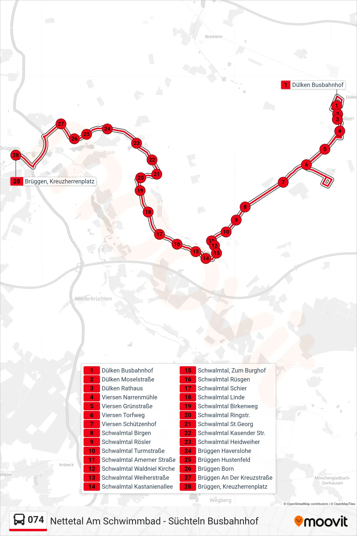 Linie 074 (Bus) Richtung Brüggen, Kreuzherrenplatz: Route und Haltestellen auf der Karte