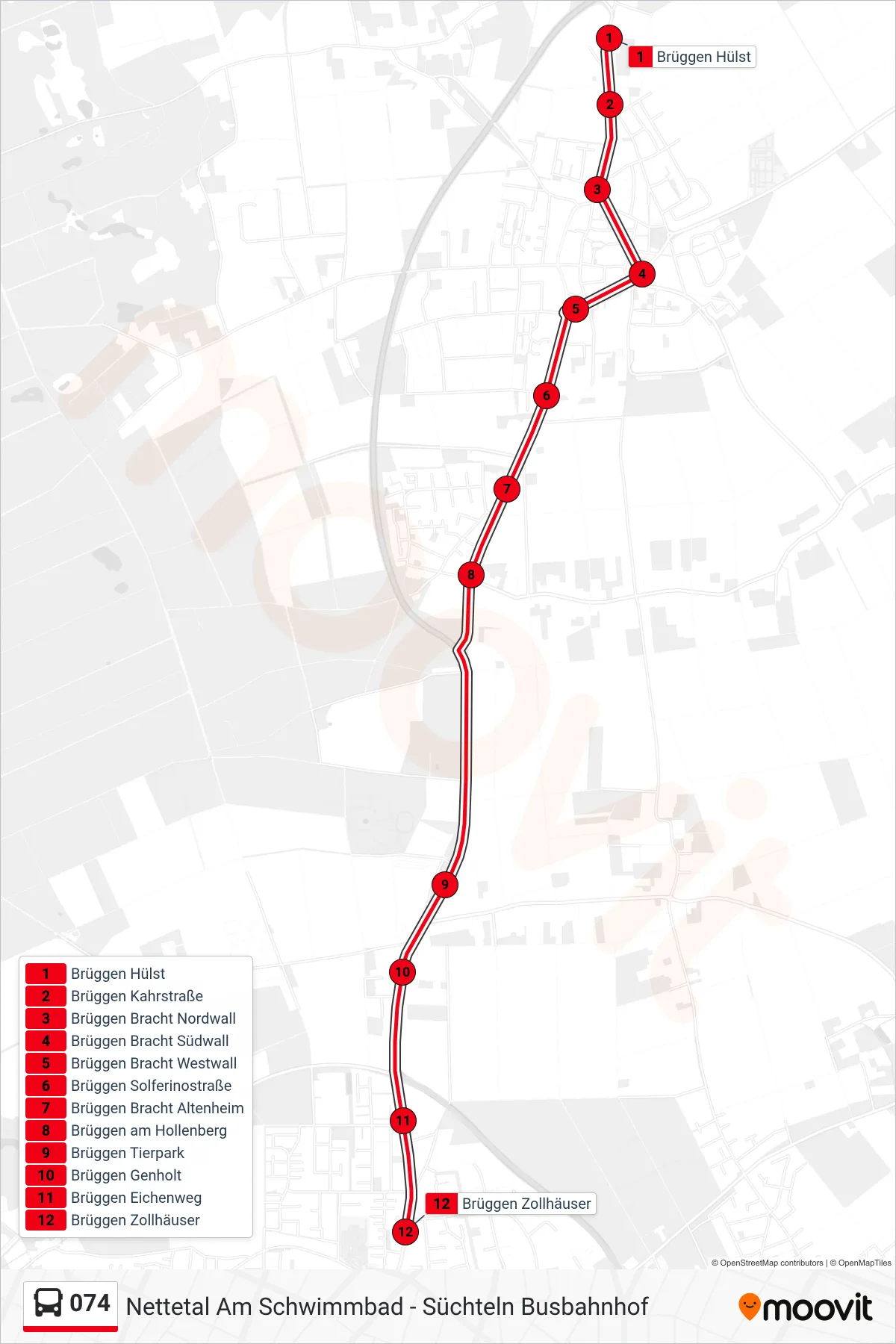 074 bus Line (Brüggen Zollhäuser) route and stops on a map