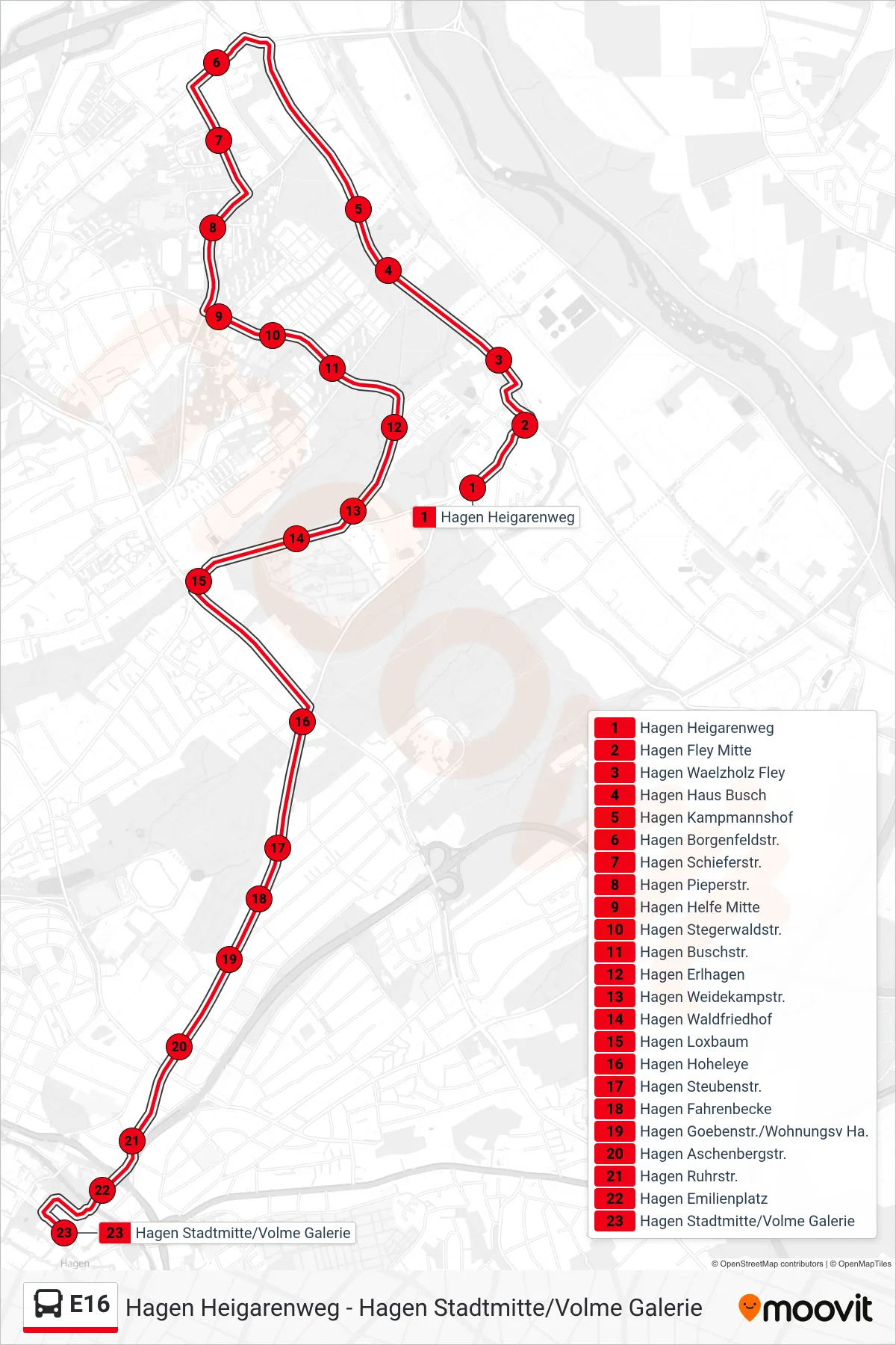 Linie E16 (Bus) Richtung Hagen Stadtmitte/Volme Galerie: Route und Haltestellen auf der Karte