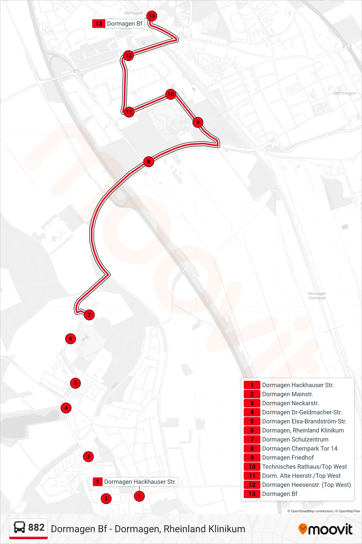 882 bus Line (Dormagen Bf) route and stops on a map