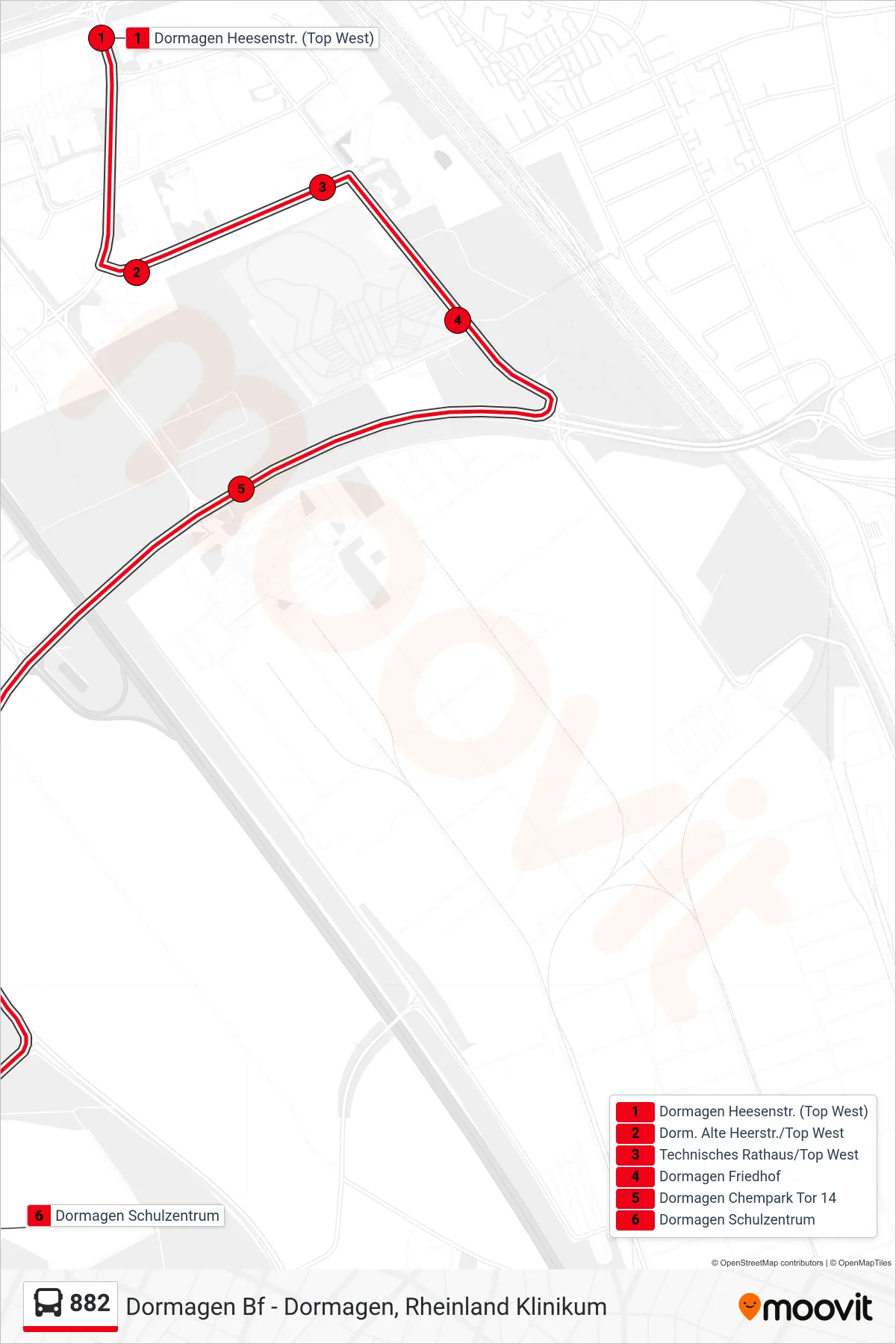 882 bus Line (Dormagen Schulzentrum) route and stops on a map