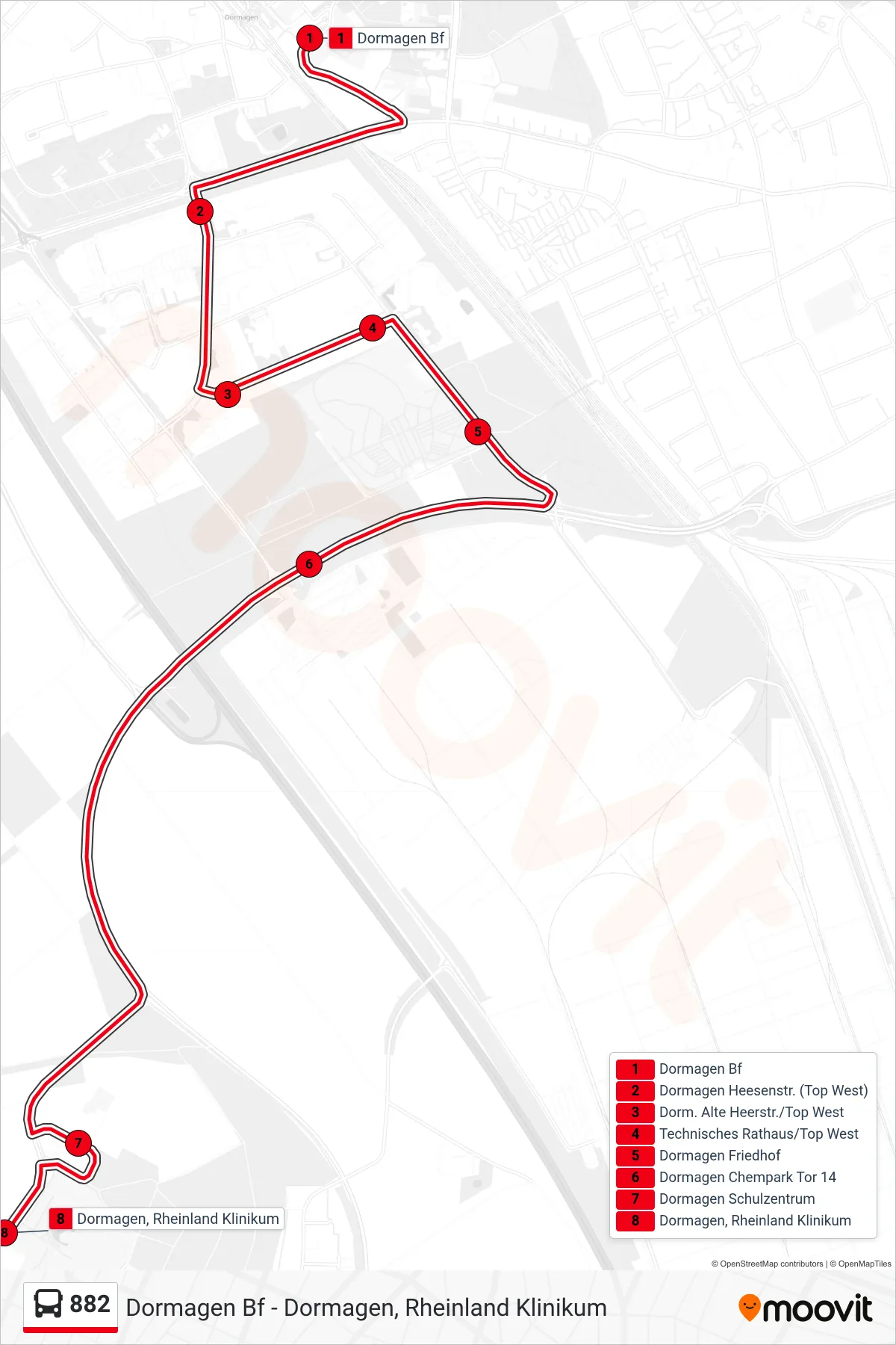 882 bus Line (Dormagen, Rheinland Klinikum) route and stops on a map