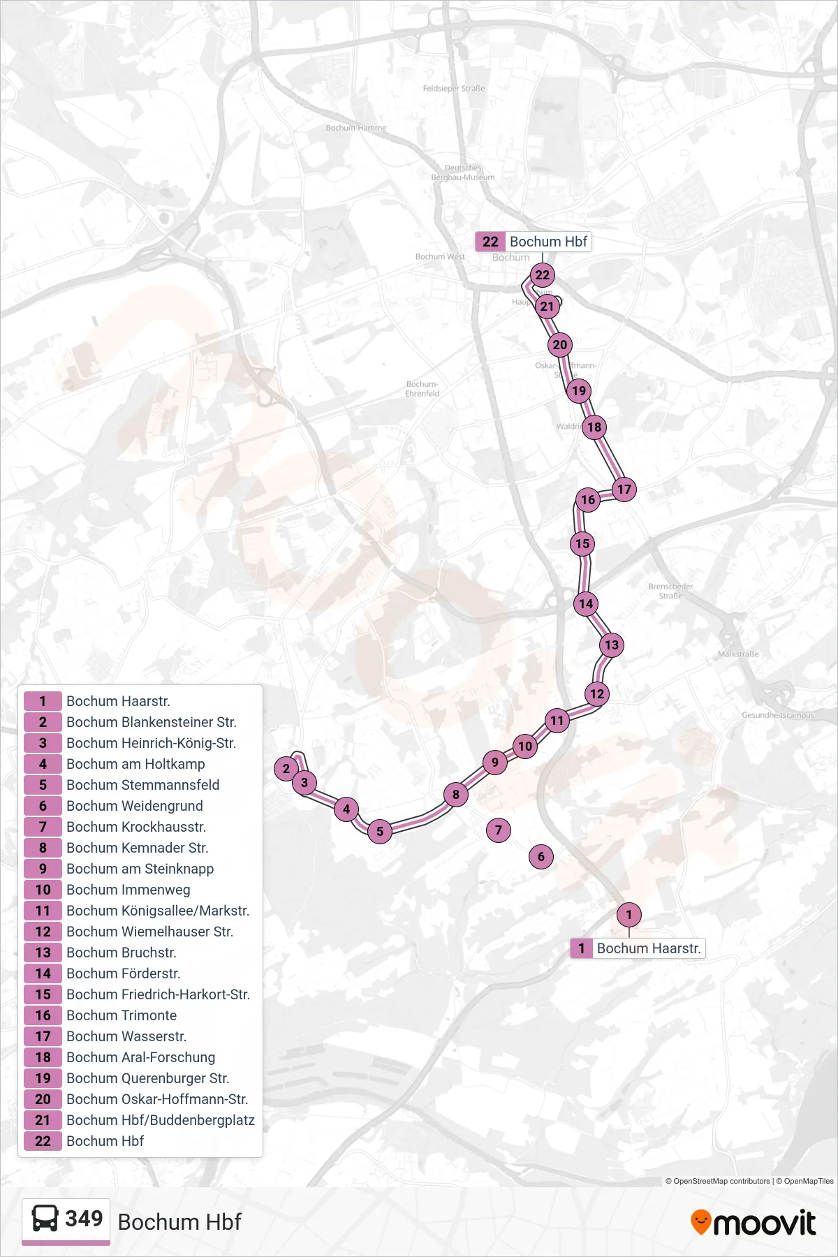 Linie 349 (Bus) Richtung Bochum Hbf: Route und Haltestellen auf der Karte