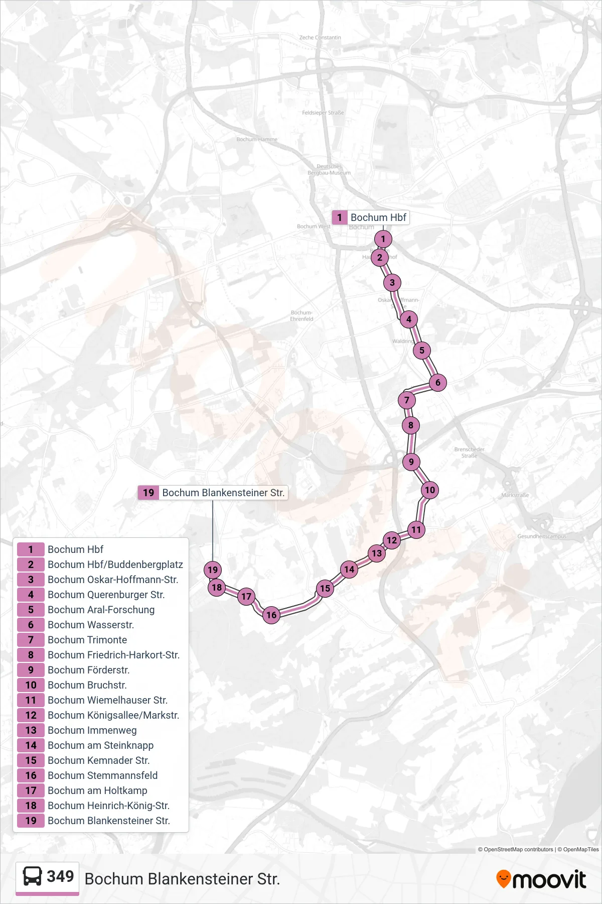 349 bus Line (Bochum Blankensteiner Str.) route and stops on a map