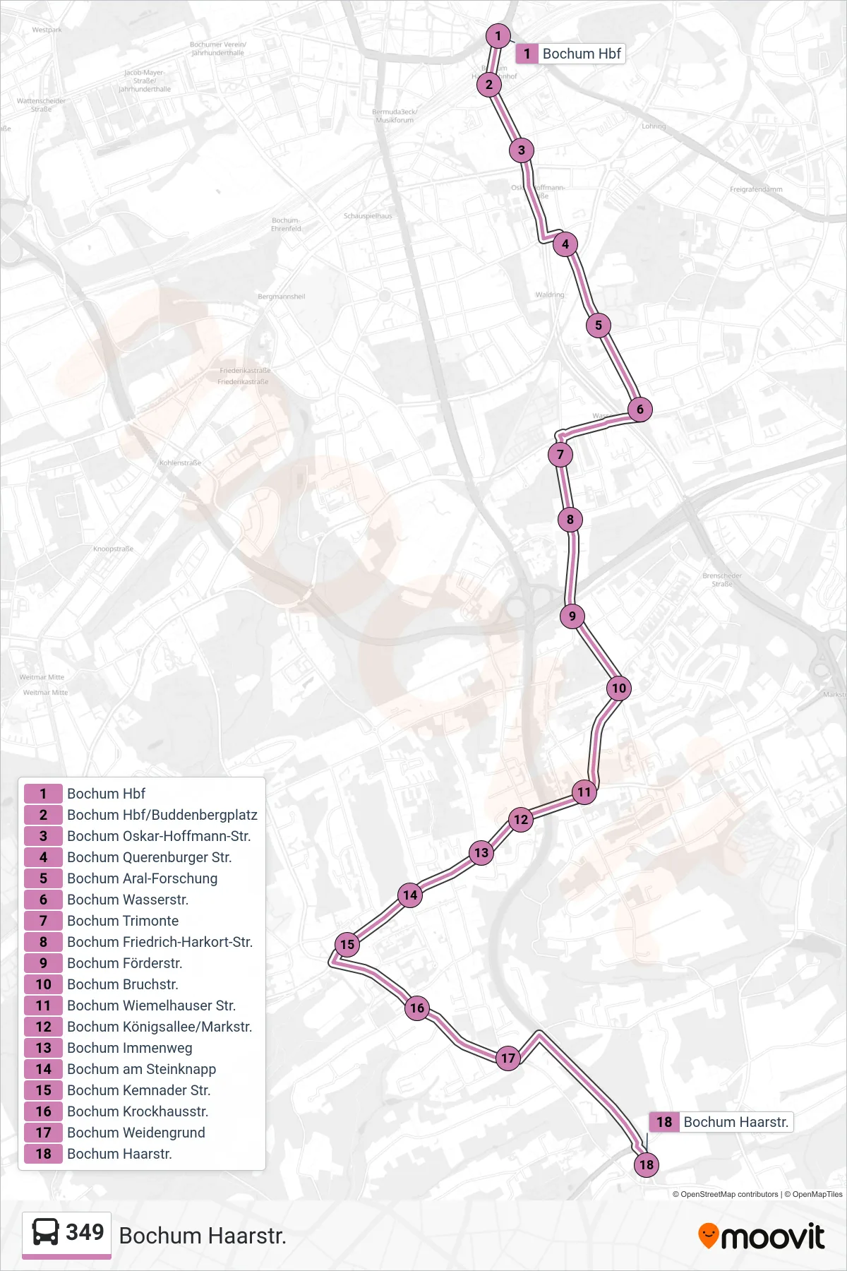 Linie 349 (Bus) Richtung Bochum Haarstr.: Route und Haltestellen auf der Karte