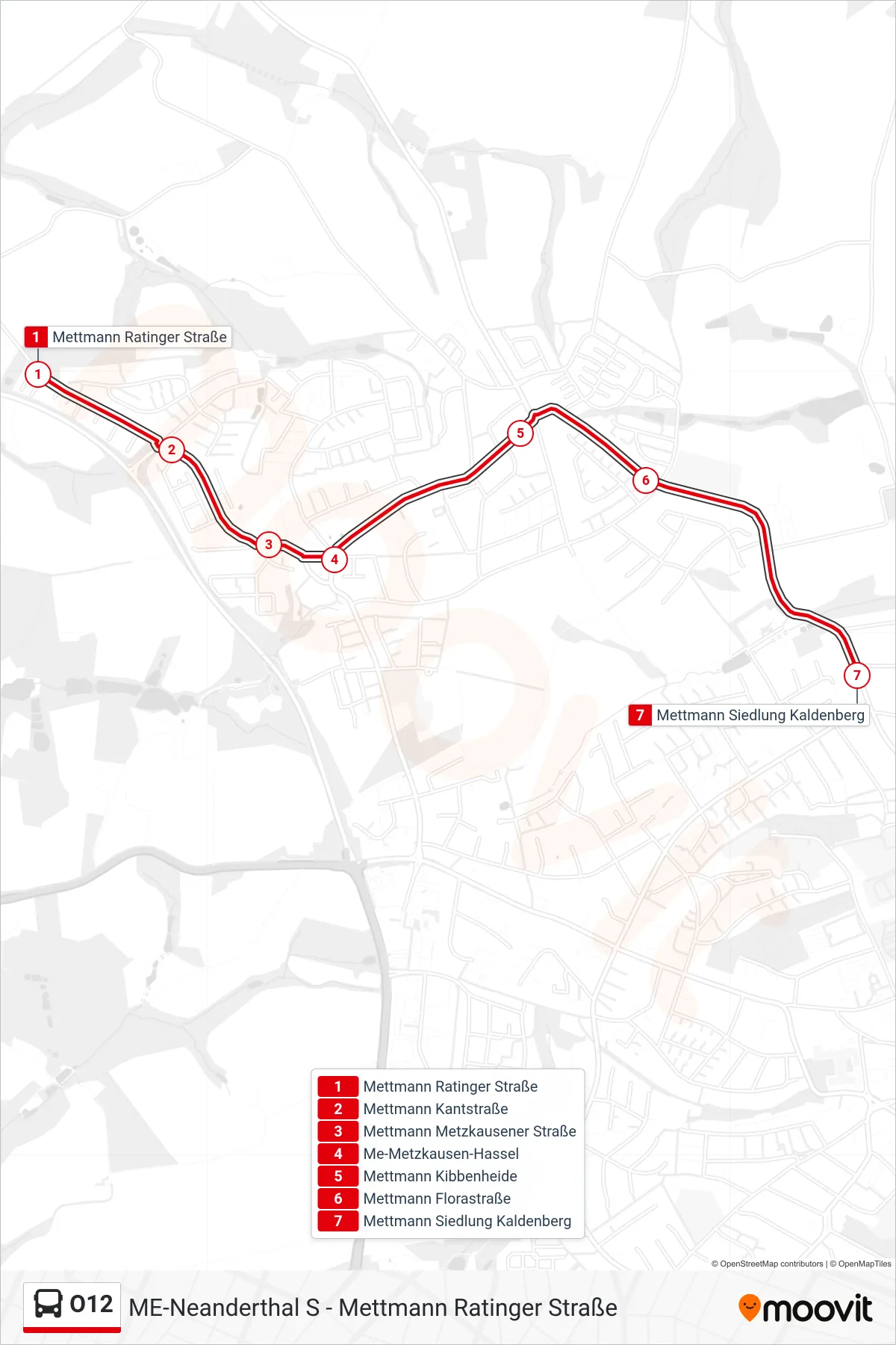 Linie O12 (Bus) Richtung Mettmann Siedlung Kaldenberg: Route und Haltestellen auf der Karte